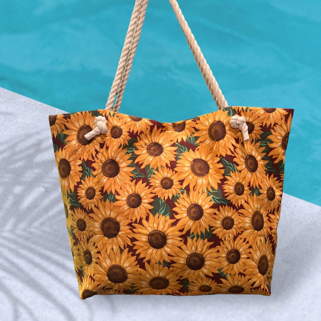 Extra Large Sunflower Beach Tote Bag, Cotton Canvas with Rope Handles