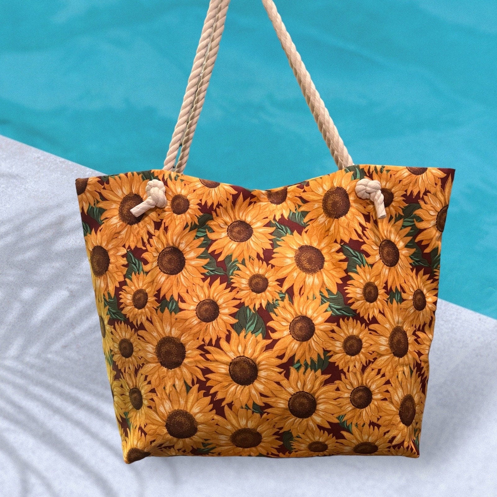 Extra Large Sunflower Beach Tote Bag, Cotton Canvas with Rope Handles