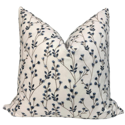 Floral Embroidered Decorative Pillow Cover, Blue Floral Throw Pillow Cover, Botanical Pillow Cover, Twig Design Pillow, Floral Cushion Cover
