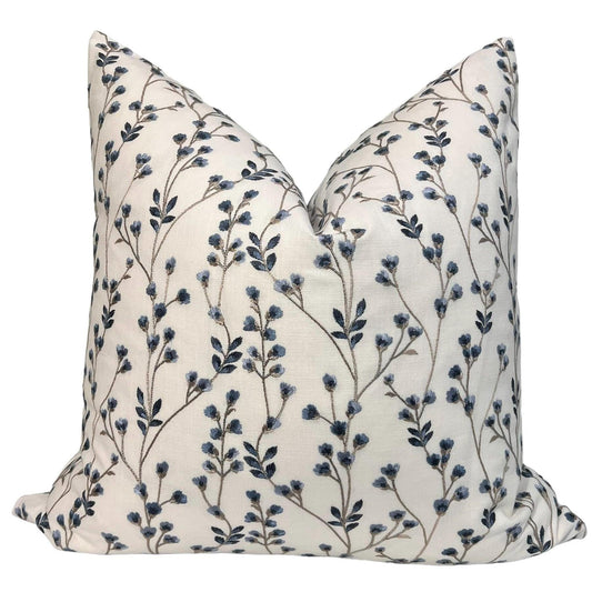 Floral Embroidered Decorative Pillow Cover, Blue Floral Throw Pillow Cover, Botanical Pillow Cover, Twig Design Pillow, Floral Cushion Cover