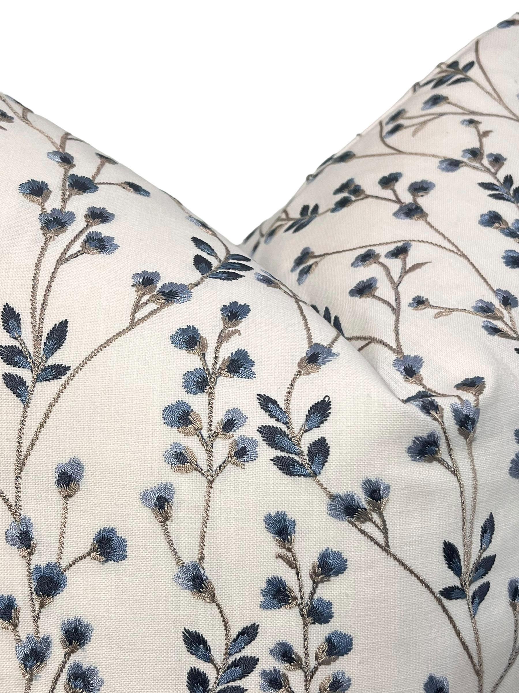 Floral Embroidered Decorative Pillow Cover, Blue Floral Throw Pillow Cover, Botanical Pillow Cover, Twig Design Pillow, Floral Cushion Cover
