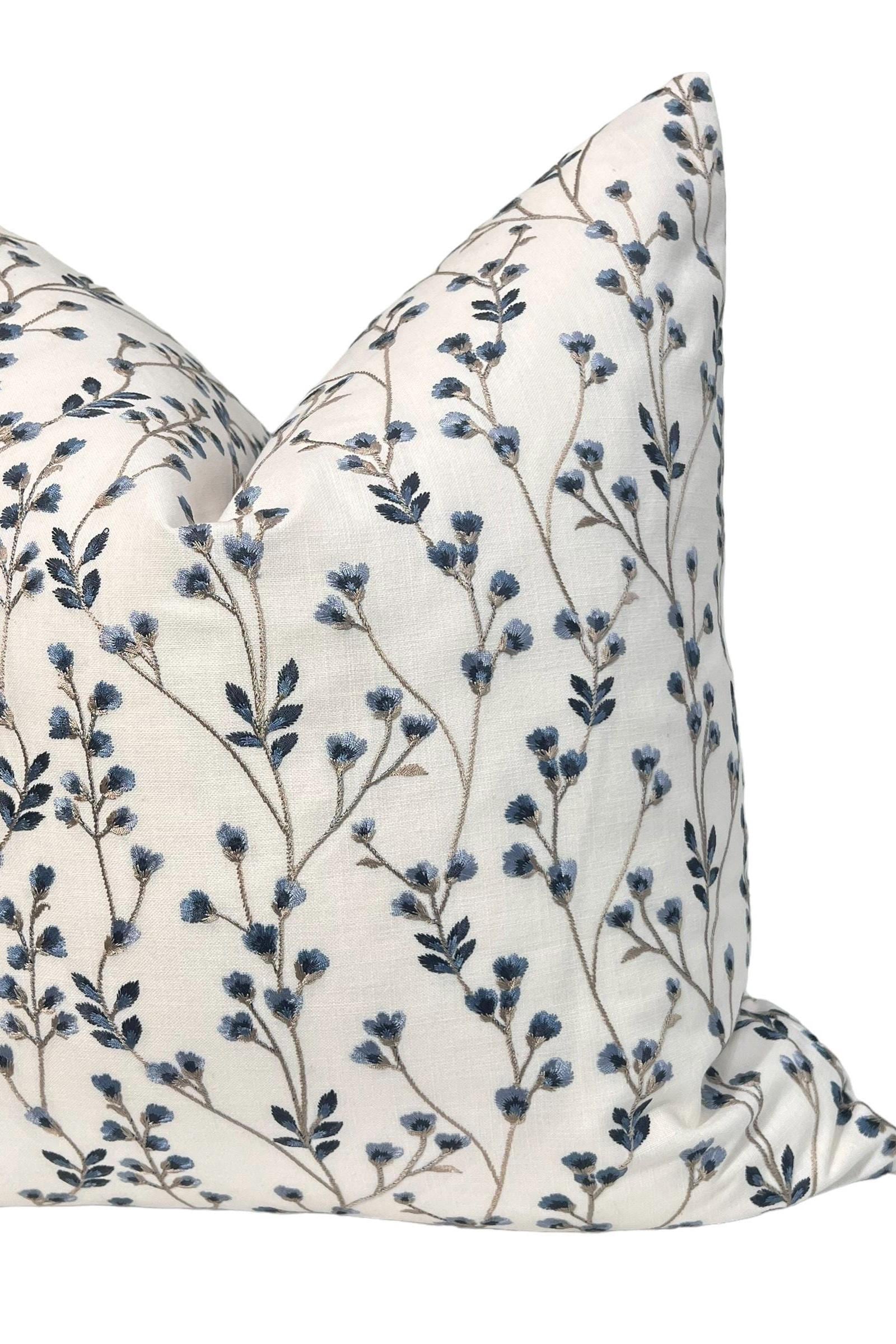 Floral Embroidered Decorative Pillow Cover, Blue Floral Throw Pillow Cover, Botanical Pillow Cover, Twig Design Pillow, Floral Cushion Cover