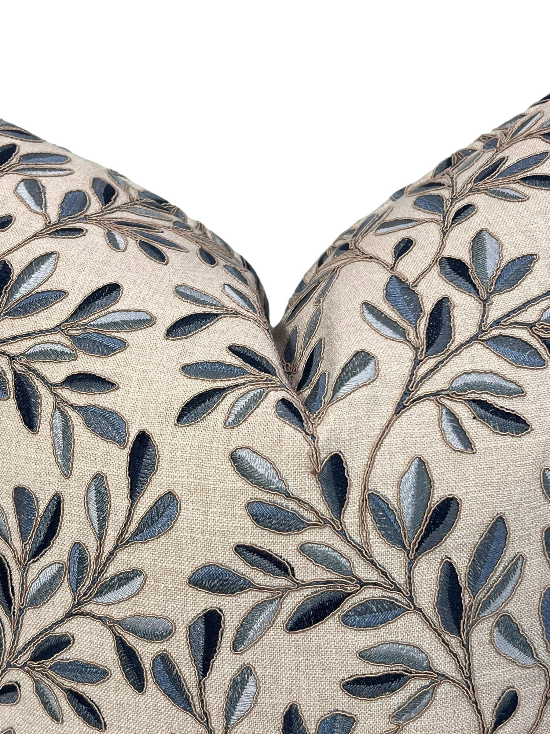 Leaf Embroidery Linen Pillow Cover, Neutral Toned Pillow Cover, Botanical Embroidered Cushion Cover, Linen Decorative Pillow Cover