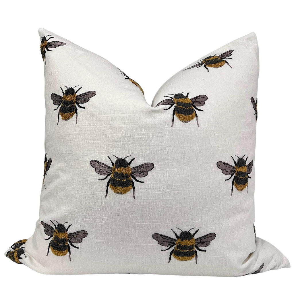Handmade Embroidered Bumblebee Linen Pillow Cover, USA Made