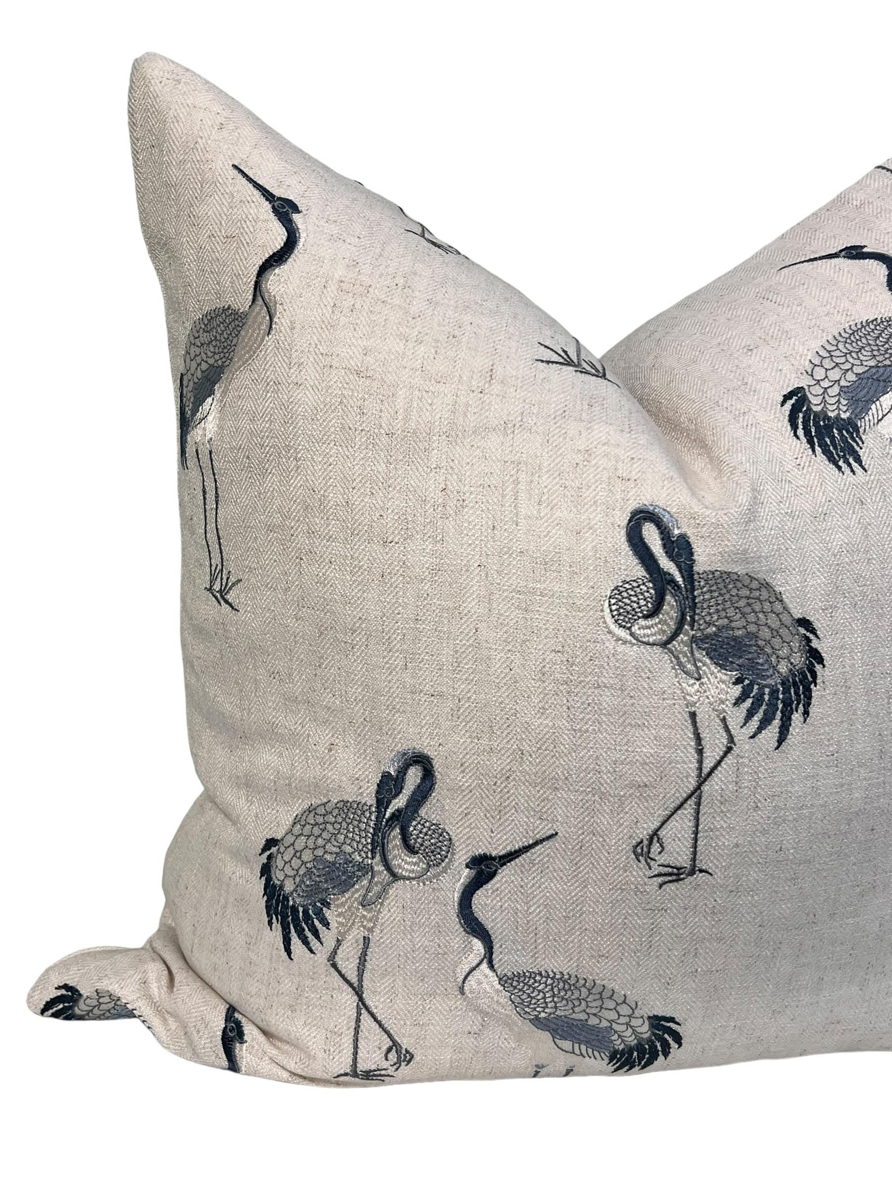 Coastal Crane Embroidered Pillow, Crane Embroidered Pillow, Navy and Cream Embroidered Bird Pillow Cover, Coastal Crane Embroidered Pillow