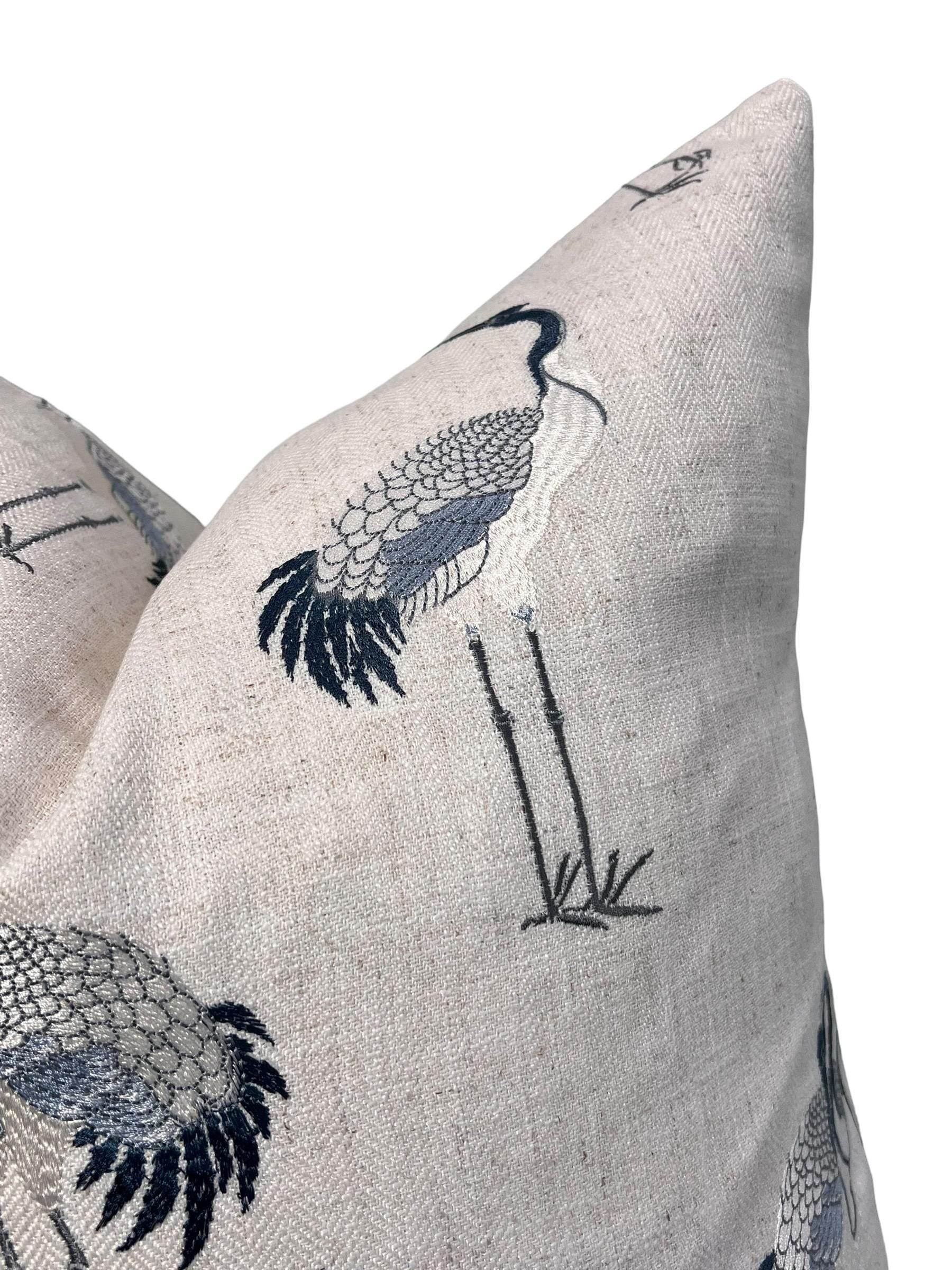 Coastal Crane Embroidered Pillow, Crane Embroidered Pillow, Navy and Cream Embroidered Bird Pillow Cover, Coastal Crane Embroidered Pillow
