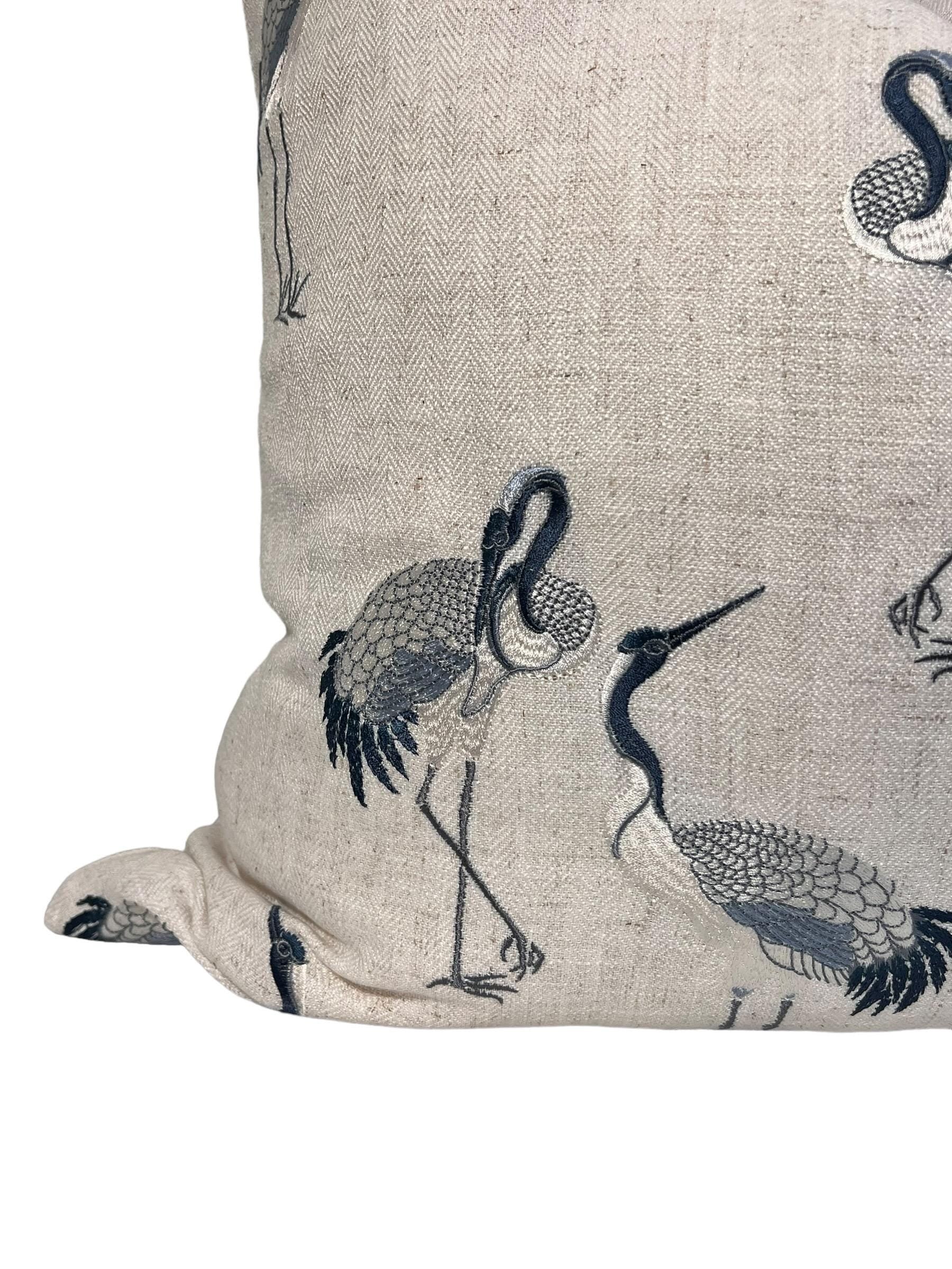 Coastal Crane Embroidered Pillow, Crane Embroidered Pillow, Navy and Cream Embroidered Bird Pillow Cover, Coastal Crane Embroidered Pillow