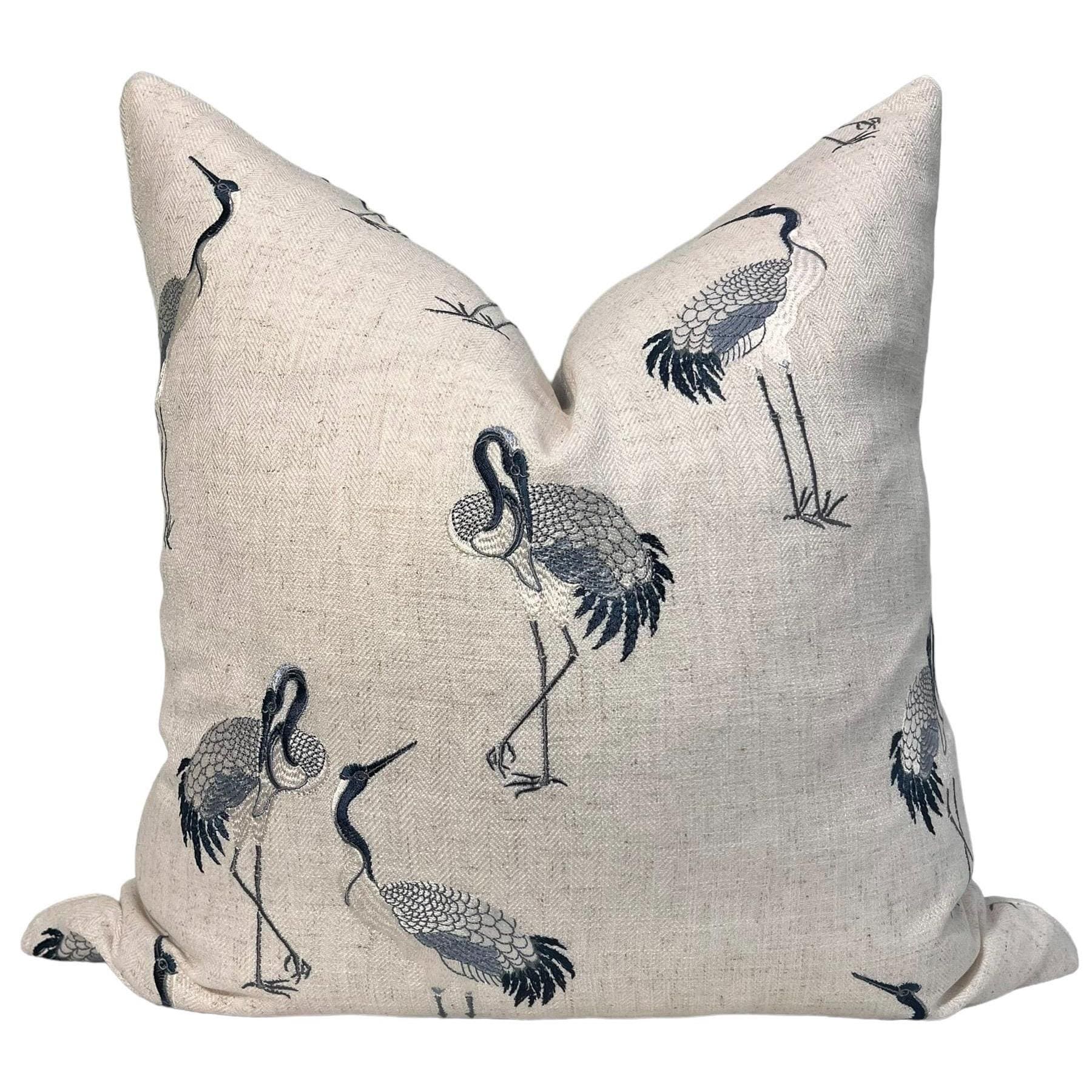 Coastal Crane Embroidered Pillow, Crane Embroidered Pillow, Navy and Cream Embroidered Bird Pillow Cover, Coastal Crane Embroidered Pillow