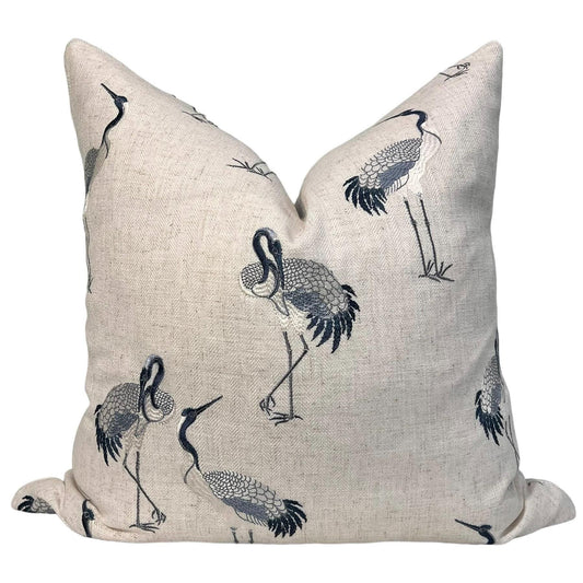 Coastal Crane Embroidered Pillow, Crane Embroidered Pillow, Navy and Cream Embroidered Bird Pillow Cover, Coastal Crane Embroidered Pillow