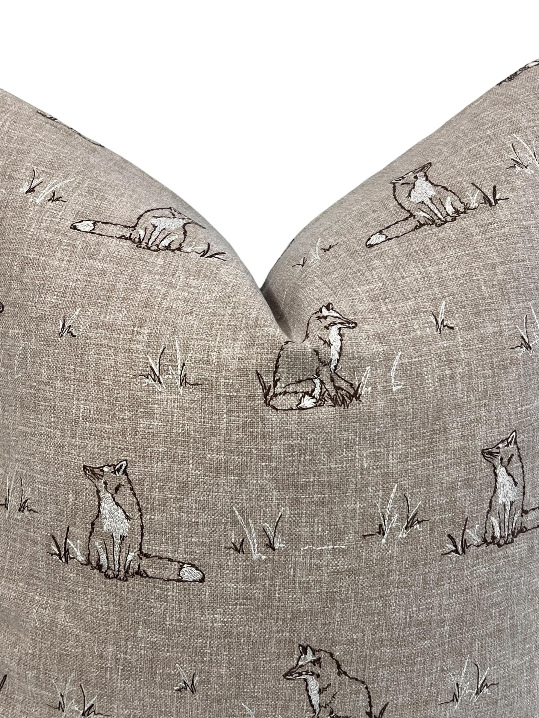 Fox Embroidered Pillow Cover, Rustic Woodland Cushion