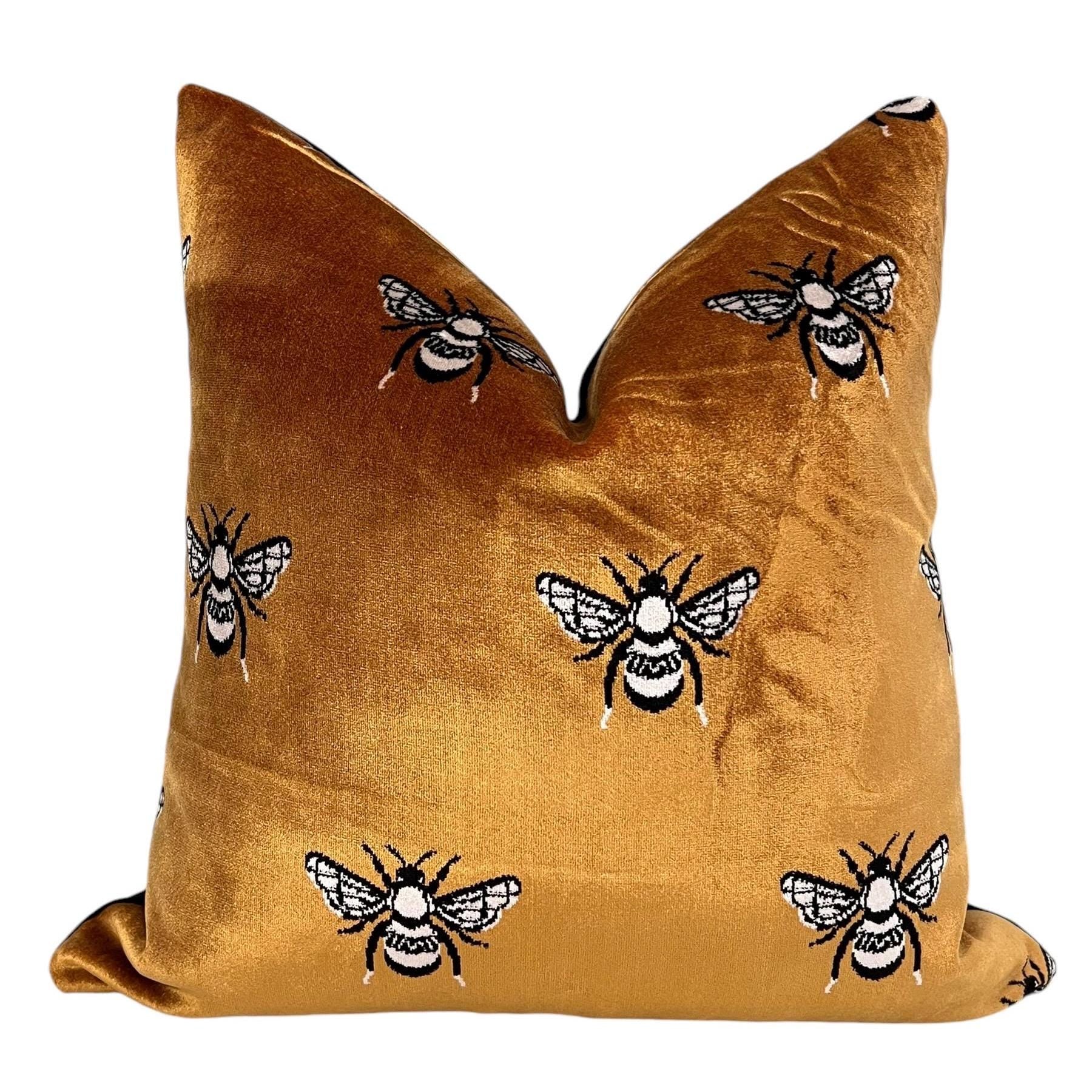 Handmade Bee Embroidery Velvet Pillow Cover, Gold Cushion
