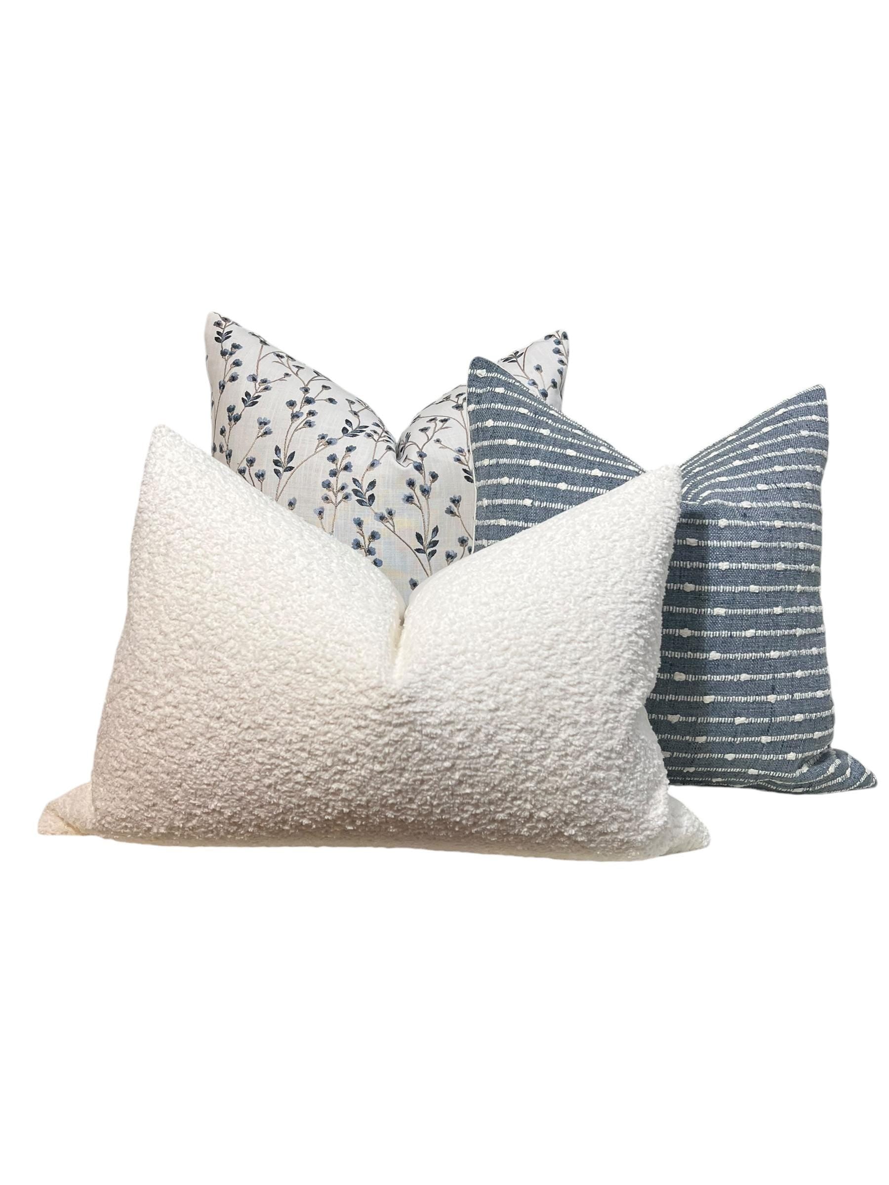 Floral and Striped Pillow Cover Set, Bouclé Accent Pillows, Handmade in USA