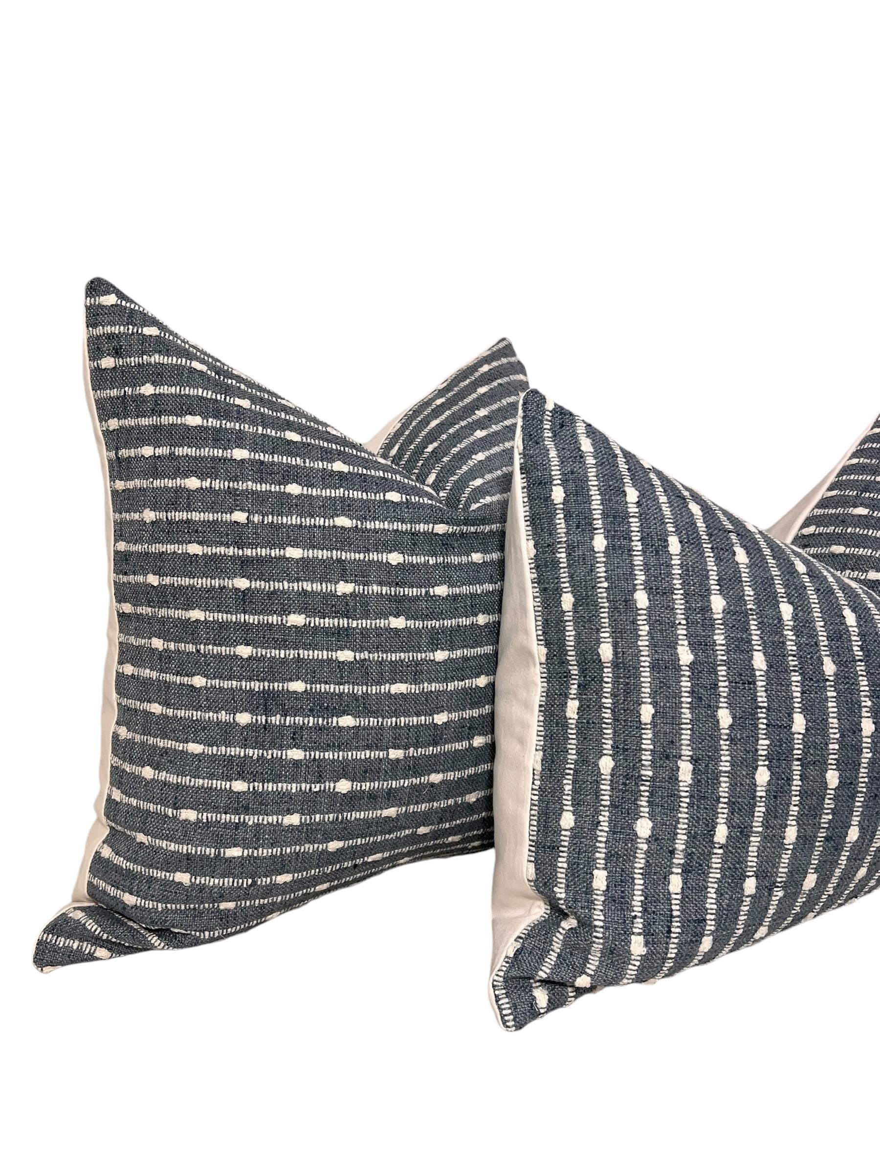 Blue Woven Striped Pillow Cover, Boho Dotted Cushion