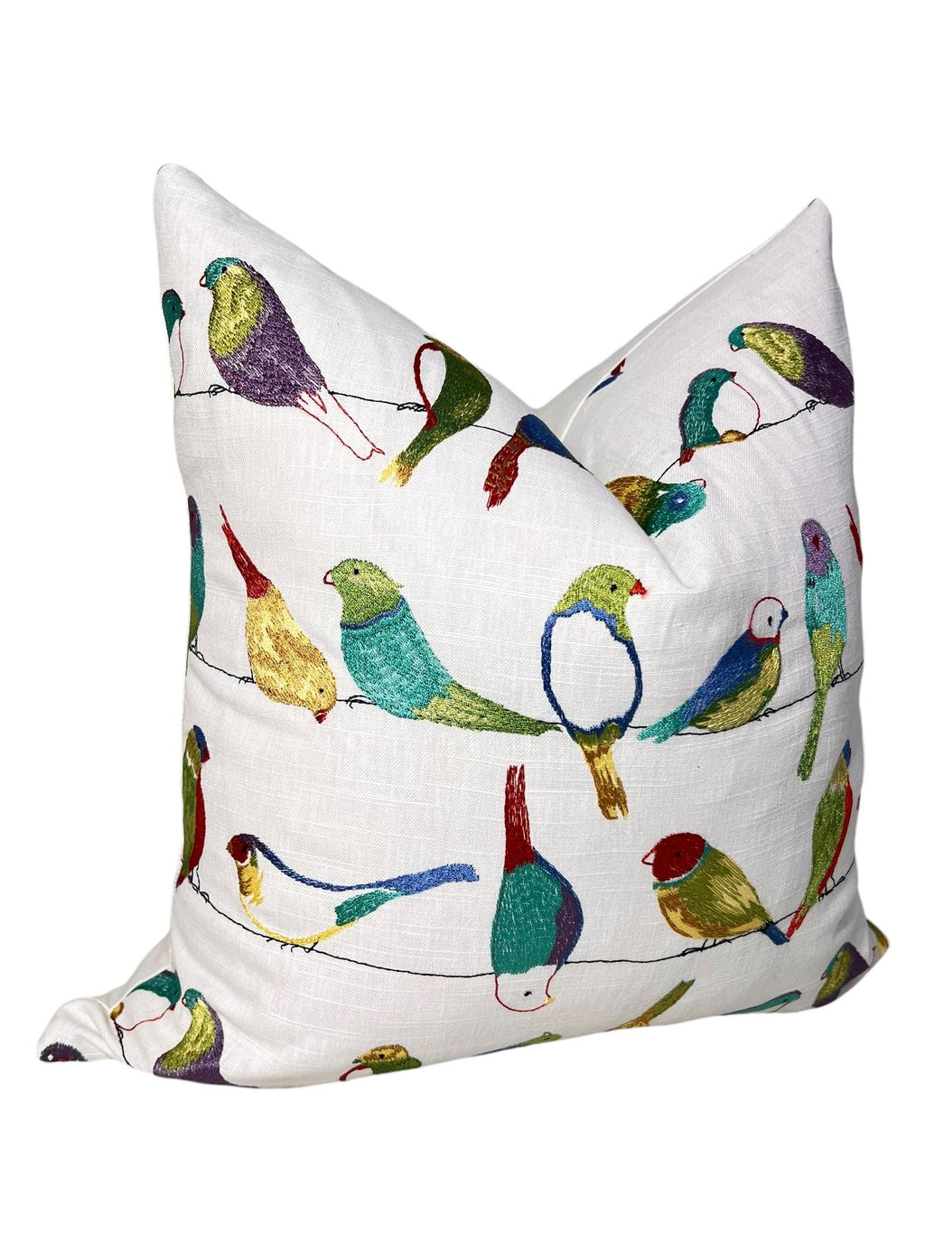 Embroidered Bird Pillow Cover, Handmade USA, Colorful Bird Cushion
