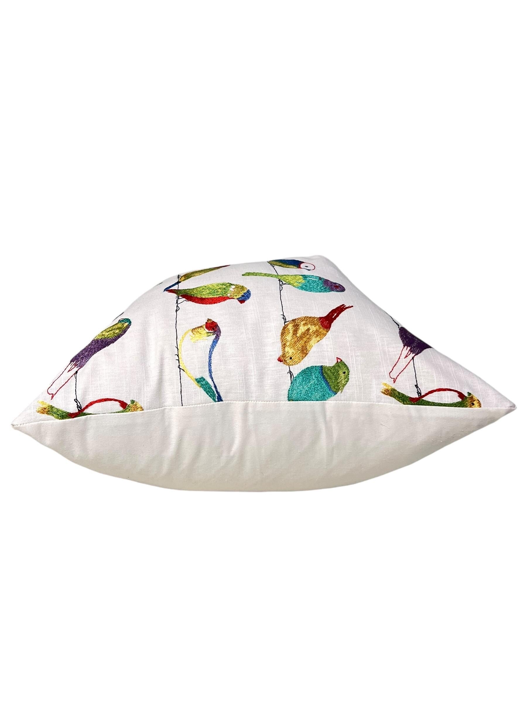 Embroidered Bird Pillow Cover, Handmade USA, Colorful Bird Cushion