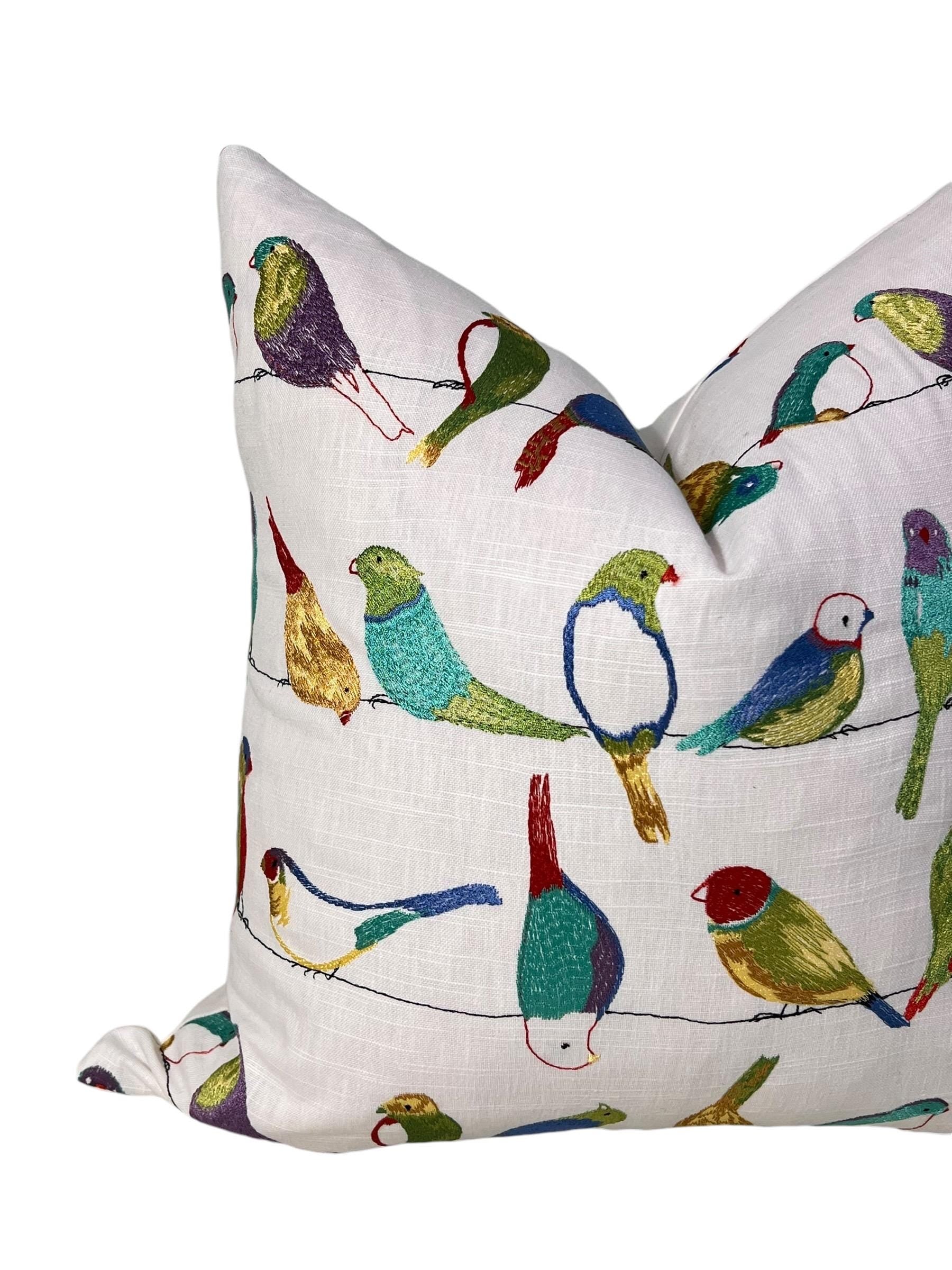 Embroidered Bird Pillow Cover, Handmade USA, Colorful Bird Cushion