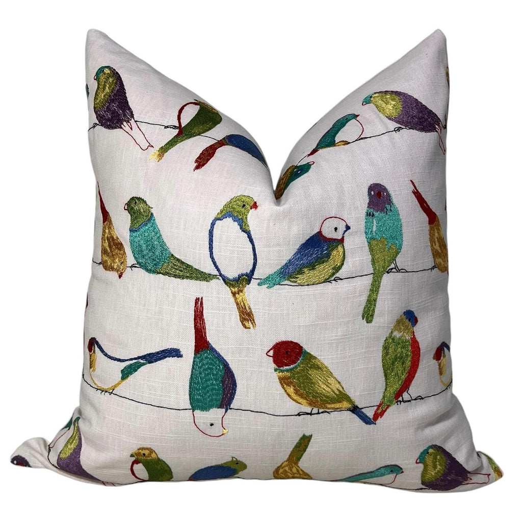 Embroidered Bird Pillow Cover, Handmade USA, Colorful Bird Cushion