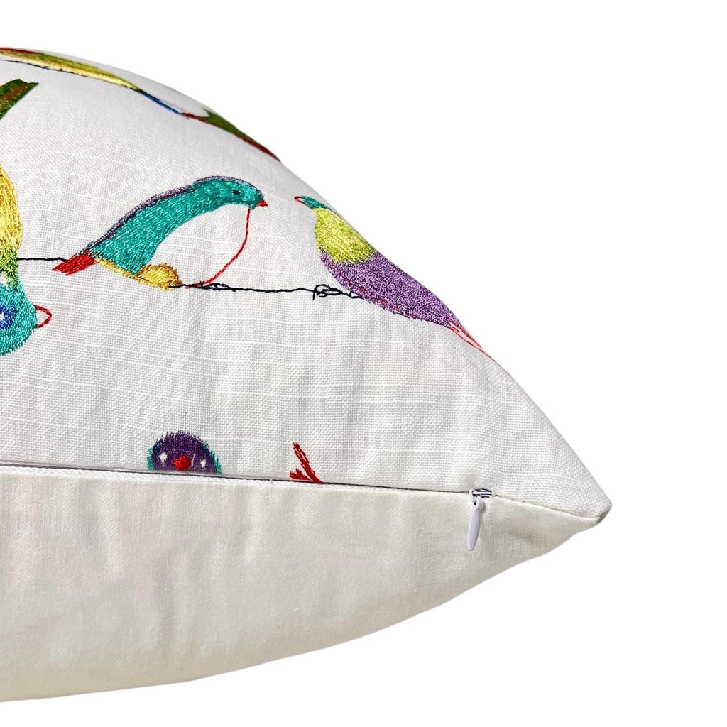 Embroidered Bird Pillow Cover, Handmade USA, Colorful Bird Cushion
