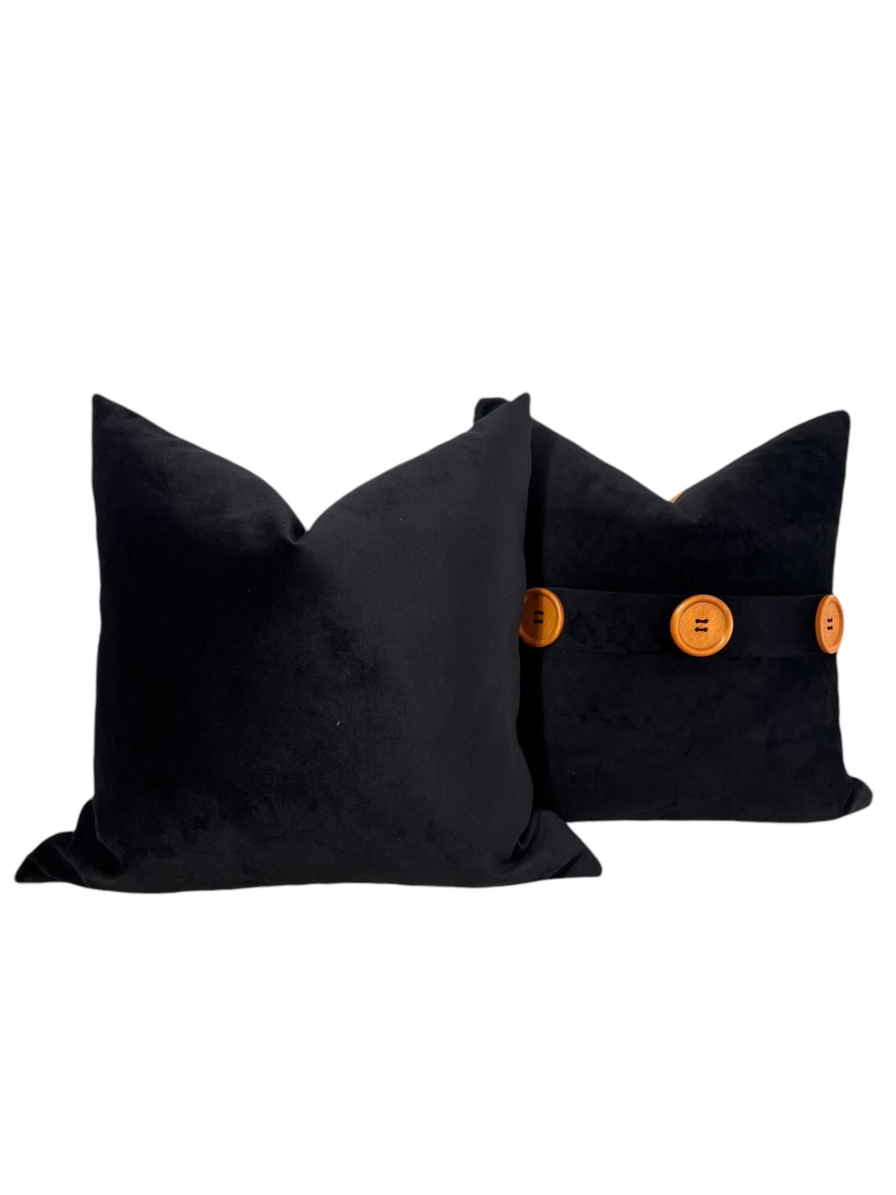 Black Velvet Pillow Cover, Rustic Wooden Button Accent, Handmade