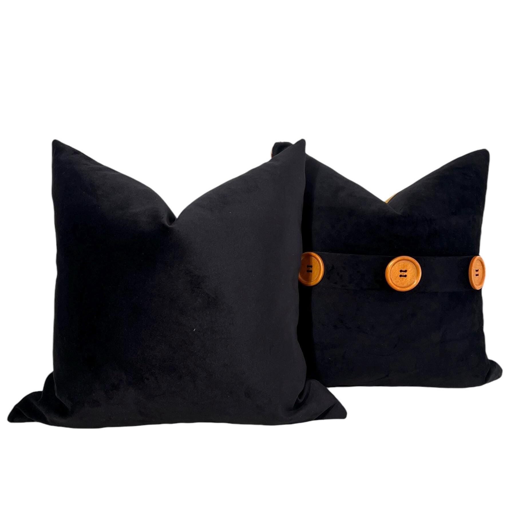 Black Velvet Pillow Cover, Rustic Wooden Button Accent, Handmade