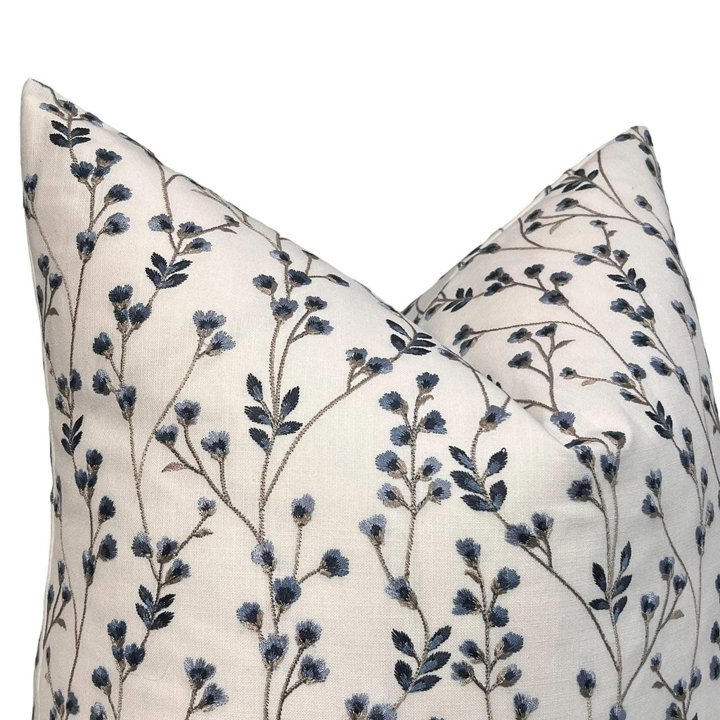 Floral Embroidered Decorative Pillow Cover, Blue Floral Throw Pillow Cover, Botanical Pillow Cover, Twig Design Pillow, Floral Cushion Cover