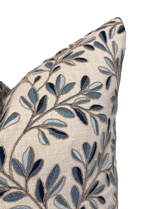 Leaf Embroidery Linen Pillow Cover, Neutral Toned Pillow Cover, Botanical Embroidered Cushion Cover, Linen Decorative Pillow Cover