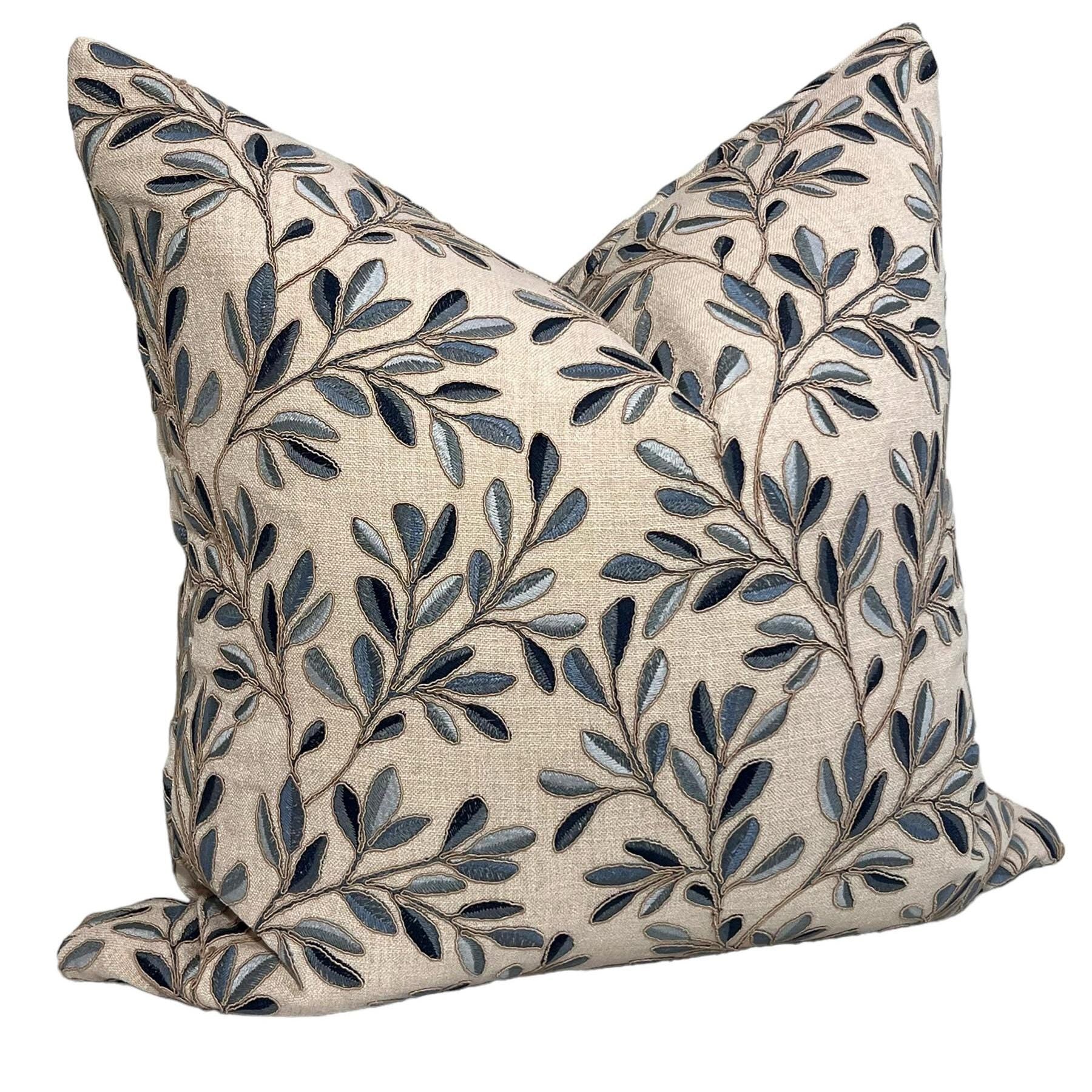 Leaf Embroidery Linen Pillow Cover, Neutral Toned Pillow Cover, Botanical Embroidered Cushion Cover, Linen Decorative Pillow Cover