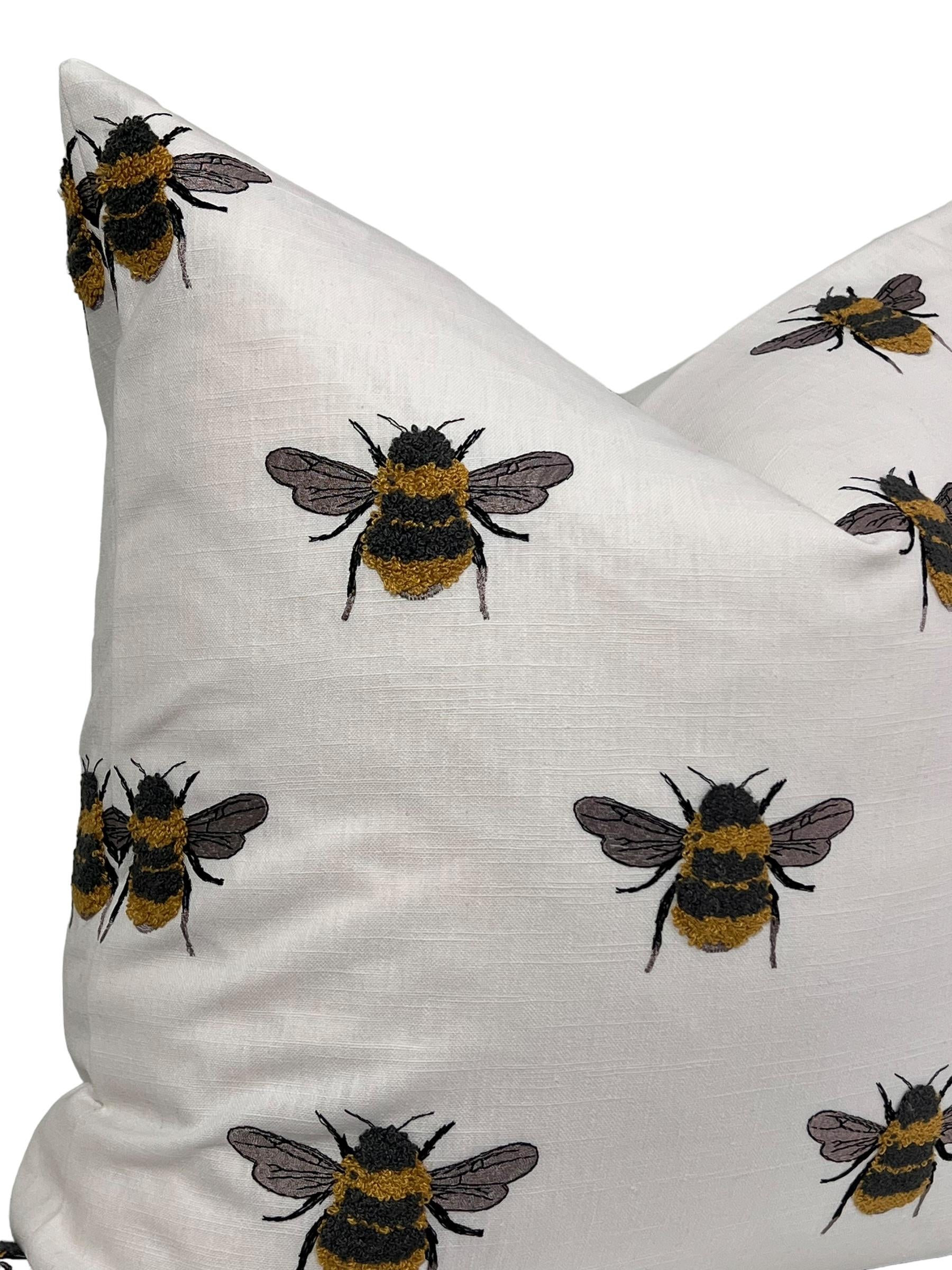 Handmade Embroidered Bumblebee Linen Pillow Cover, USA Made
