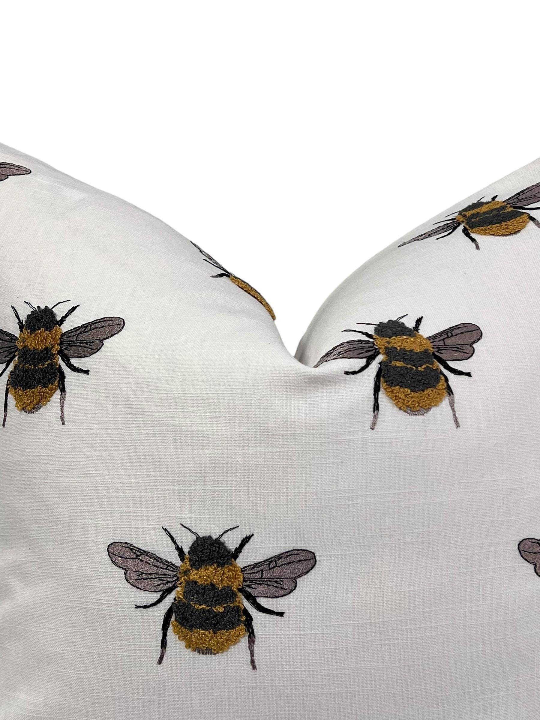 Handmade Embroidered Bumblebee Linen Pillow Cover, USA Made