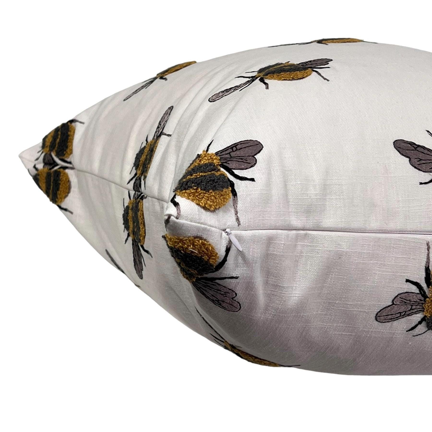 Handmade Embroidered Bumblebee Linen Pillow Cover, USA Made