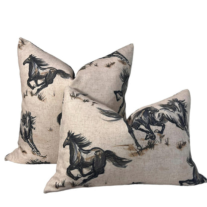 Wild Horse Linen Pillow Cover, Galloping Horse Throw Pillow Cover, Rustic Horse Pillow Cover, Running Horses Linen Pillow Cover