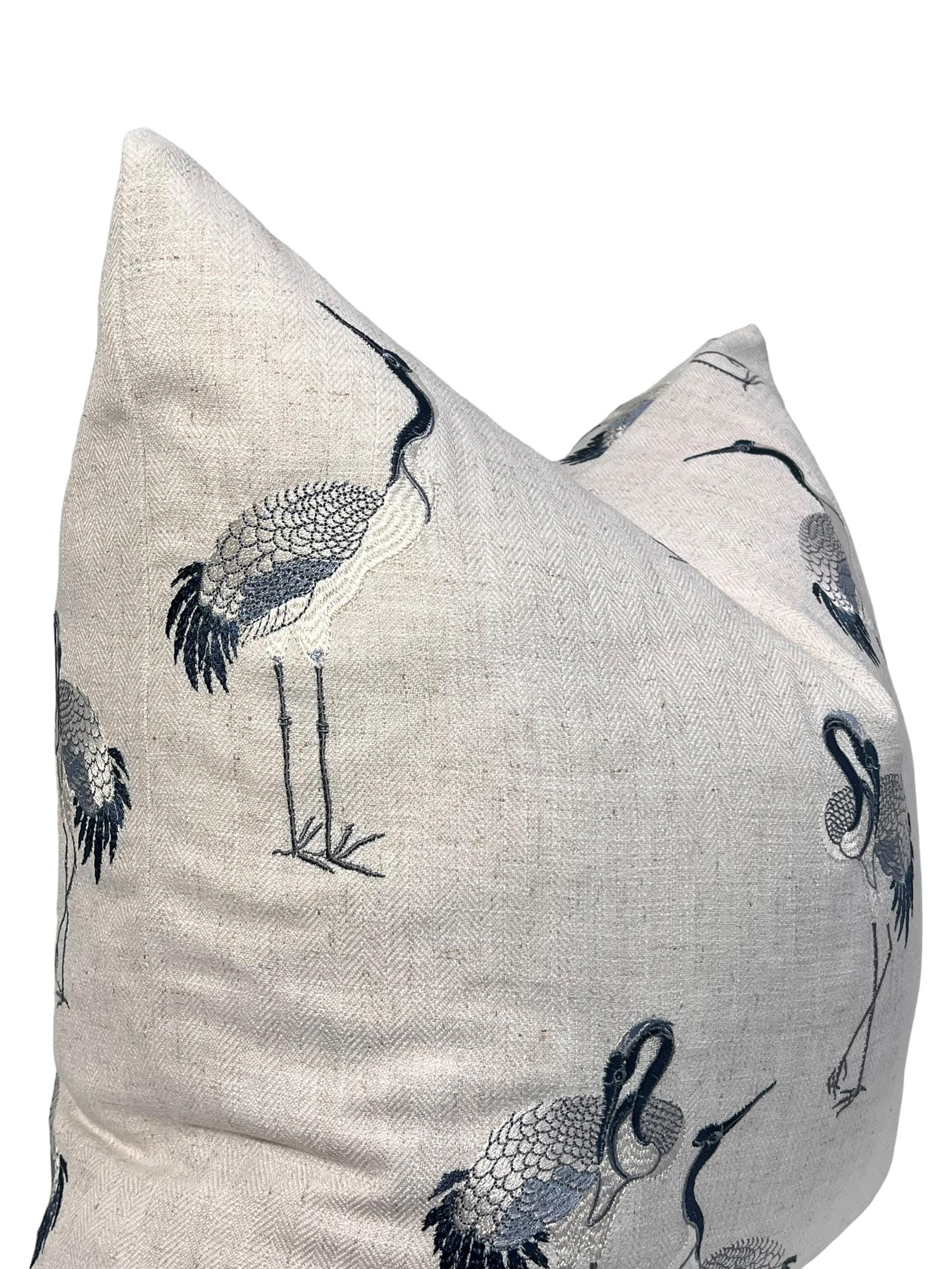 Coastal Crane Embroidered Pillow, Crane Embroidered Pillow, Navy and Cream Embroidered Bird Pillow Cover, Coastal Crane Embroidered Pillow