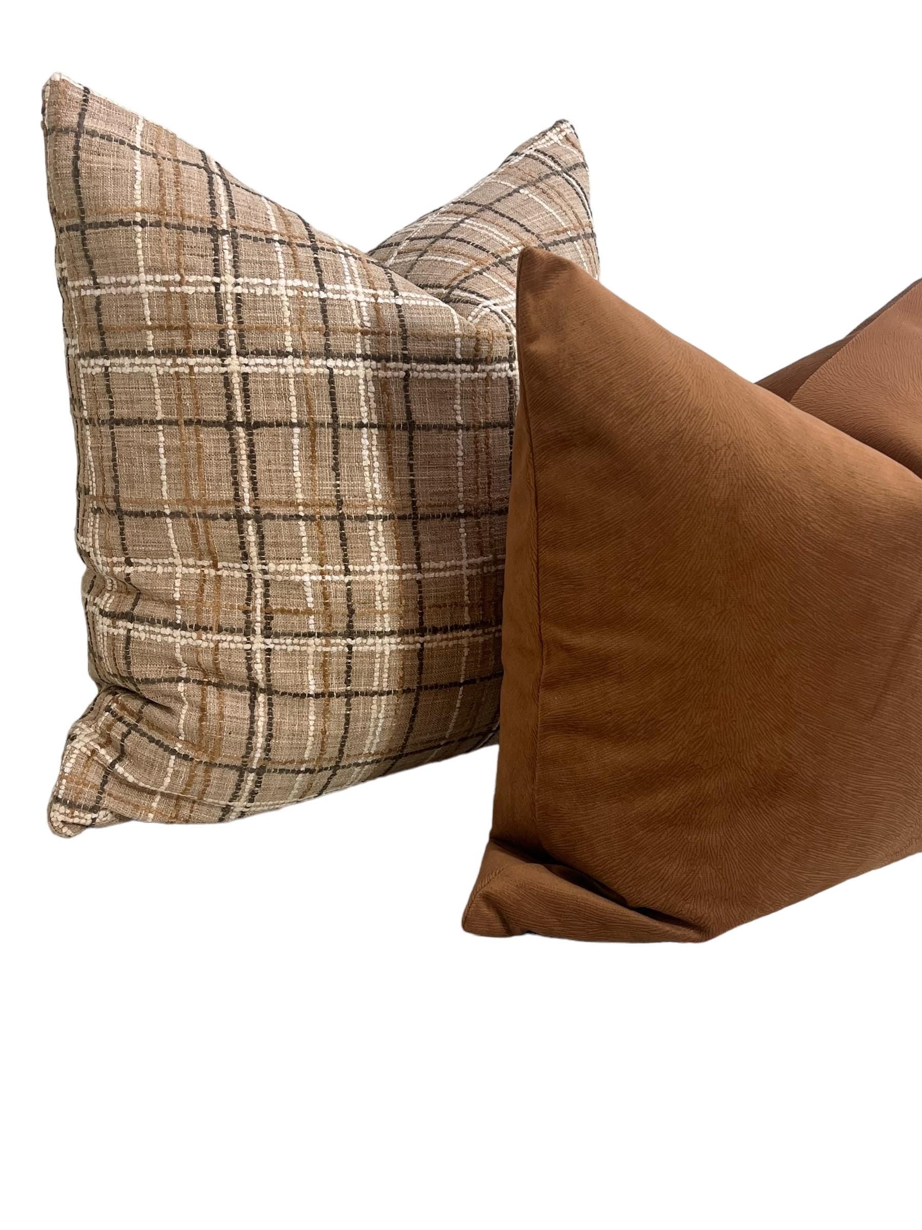 Decorative Throw Pillow Combo, Plaid and Solid Brown Pillow Set, Textured Plaid and Velvet Pillow Set Plaid Check and Solid Brown Pillow Set