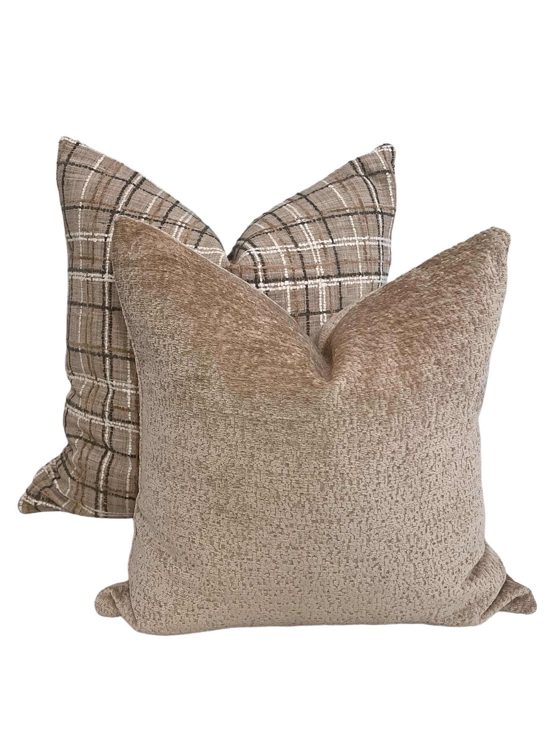 Neutral Pillow Set, Plaid Check and Linen Pillow Set, Throw Pillow Combo, Neutral Farmhouse Throw Pillow Covers, Rustic Accent Pillow Set