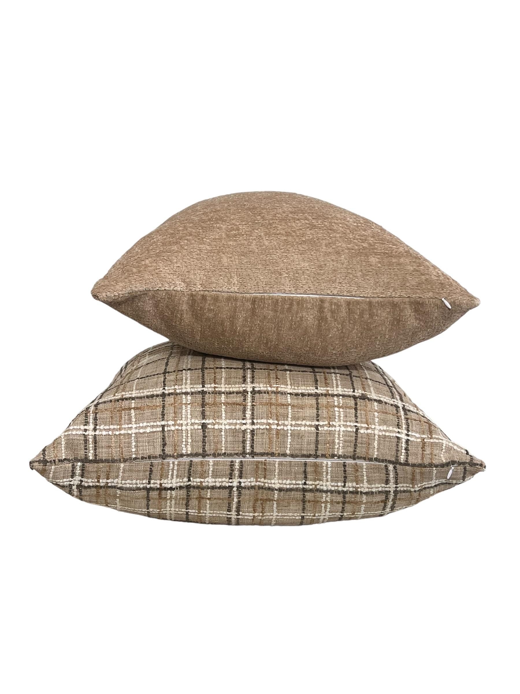 Neutral Pillow Set, Plaid Check and Linen Pillow Set, Throw Pillow Combo, Neutral Farmhouse Throw Pillow Covers, Rustic Accent Pillow Set