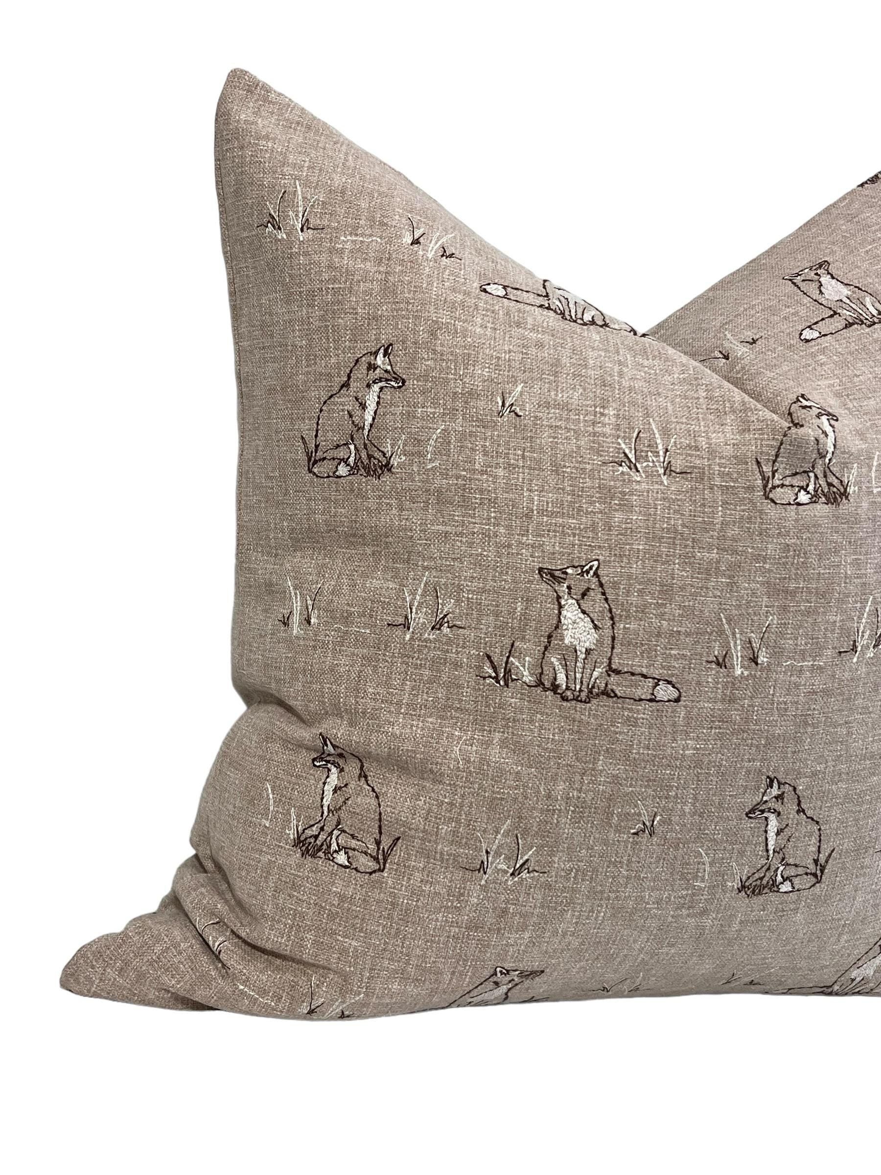 Fox Embroidered Pillow Cover, Rustic Woodland Cushion