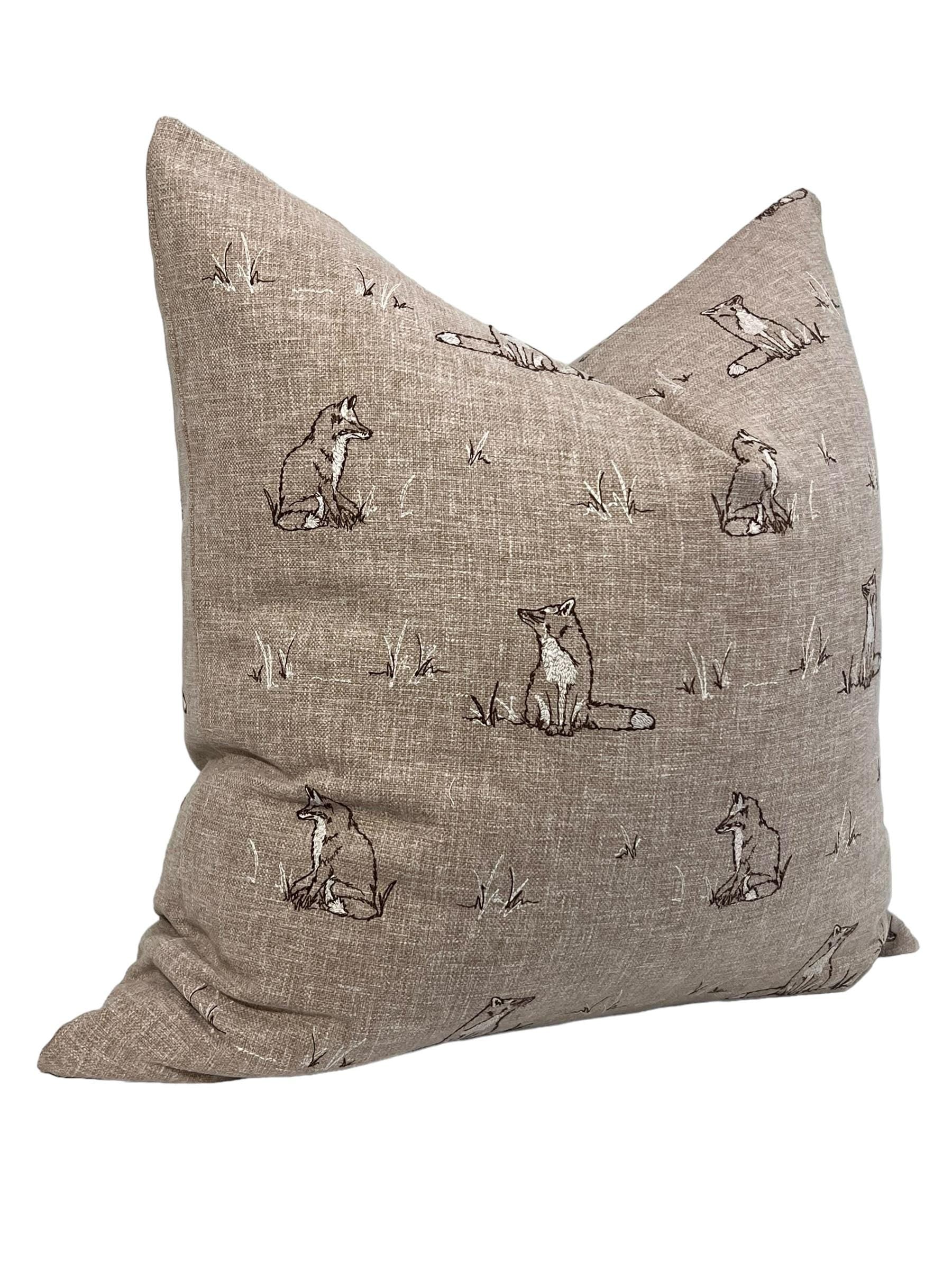 Fox Embroidered Pillow Cover, Rustic Woodland Cushion