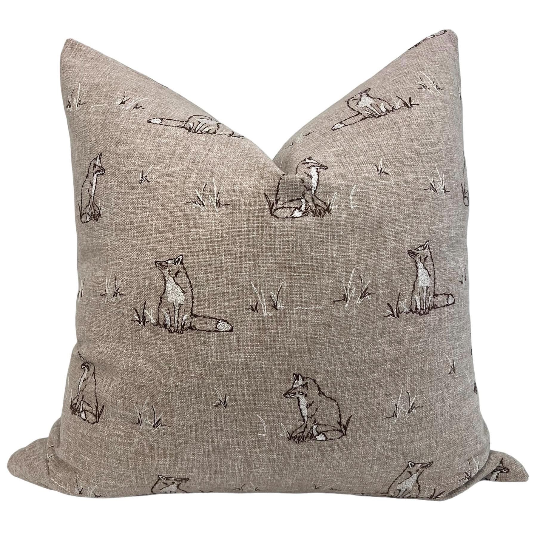Fox Embroidered Pillow Cover, Rustic Woodland Cushion