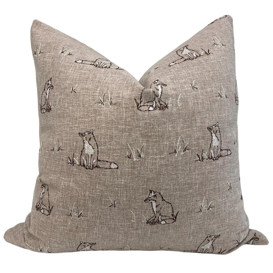 Fox Embroidered Pillow Cover, Rustic Fox Pillow Cover, Handmade Fox Print Cushion, Woodland Themed Décor, Brown Fox Pillow Cover