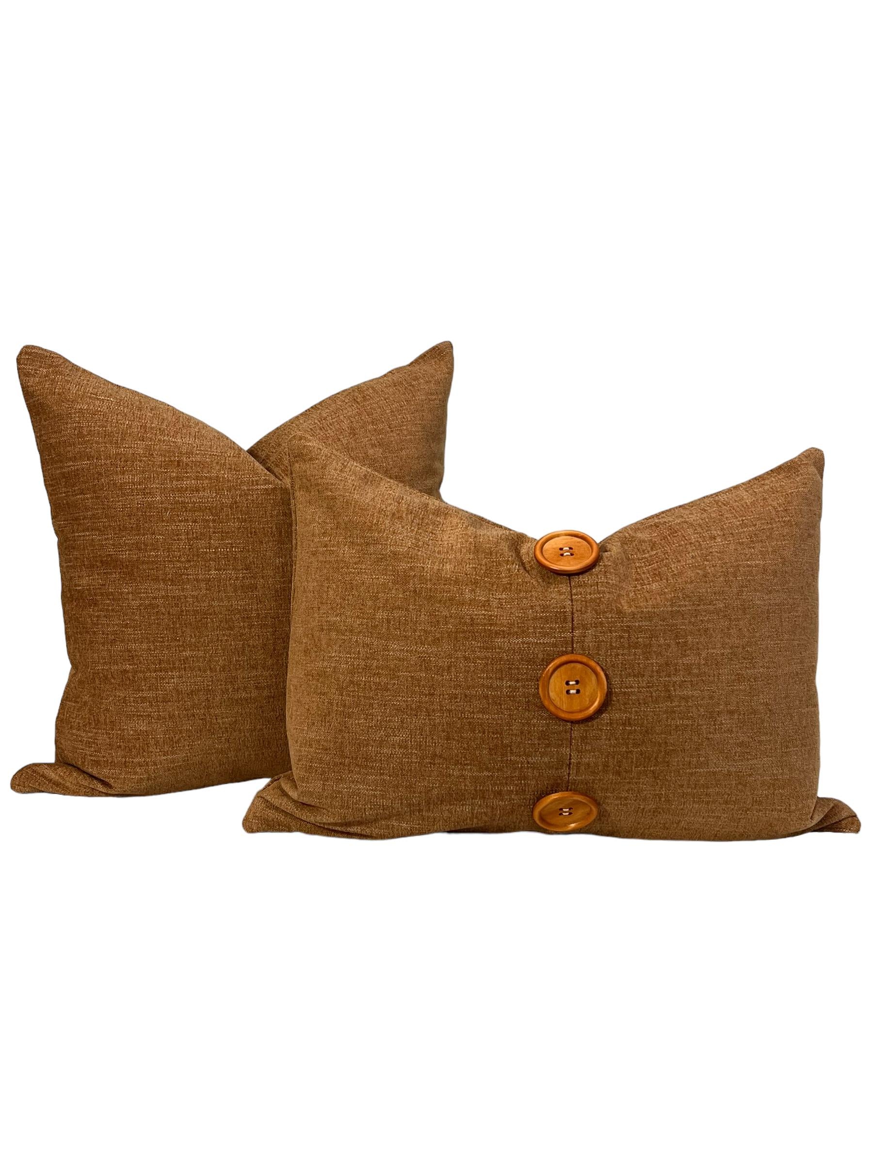 Rustic Brown Linen Pillow Cover, Farmhouse Button Cushion