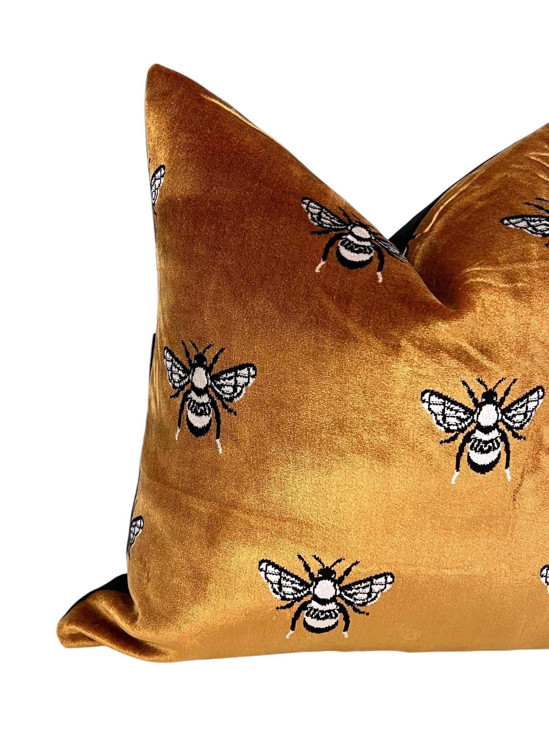 Handmade Bee Embroidery Velvet Pillow Cover, Gold Cushion