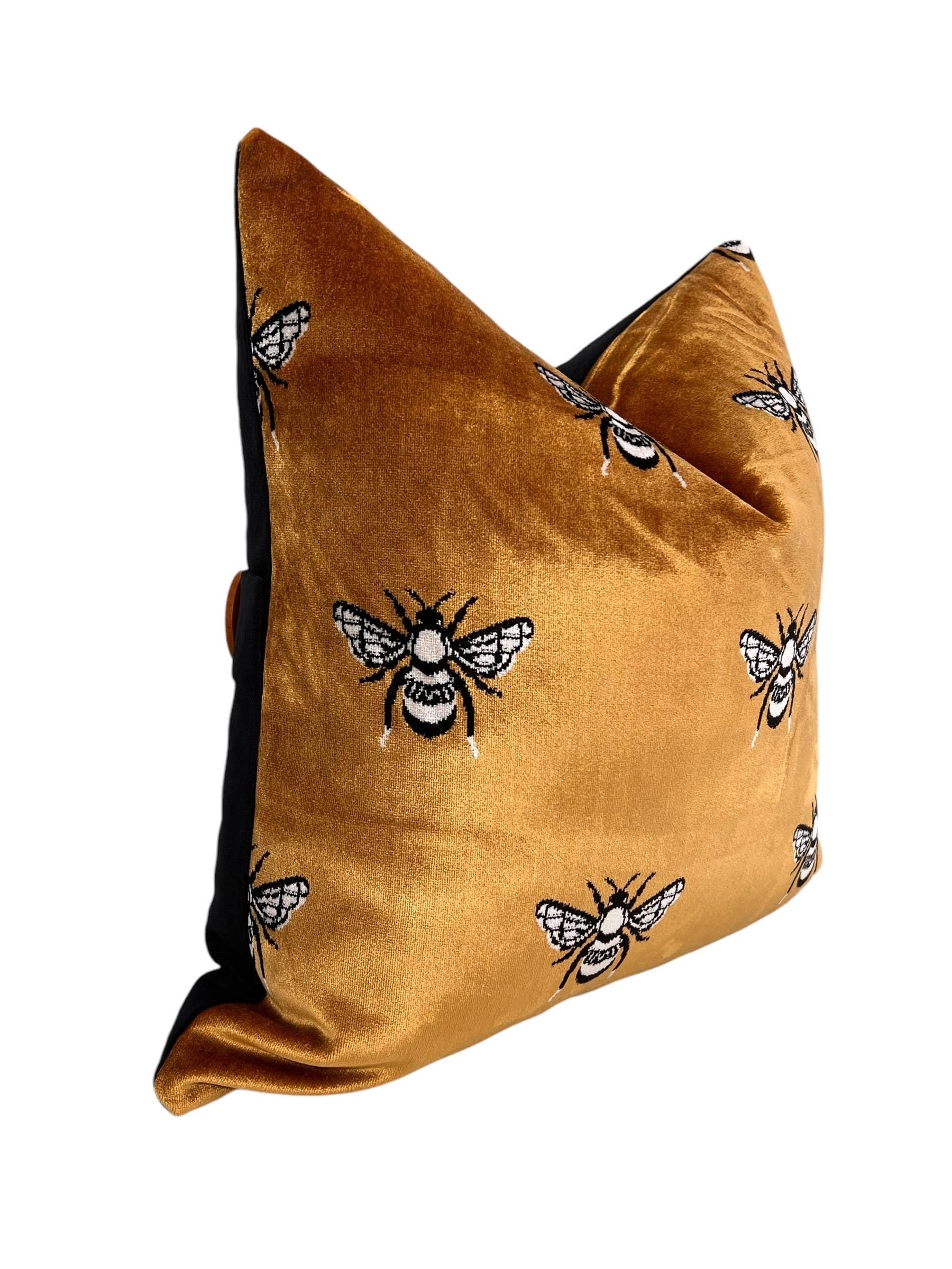 Handmade Bee Embroidery Velvet Pillow Cover, Gold Cushion