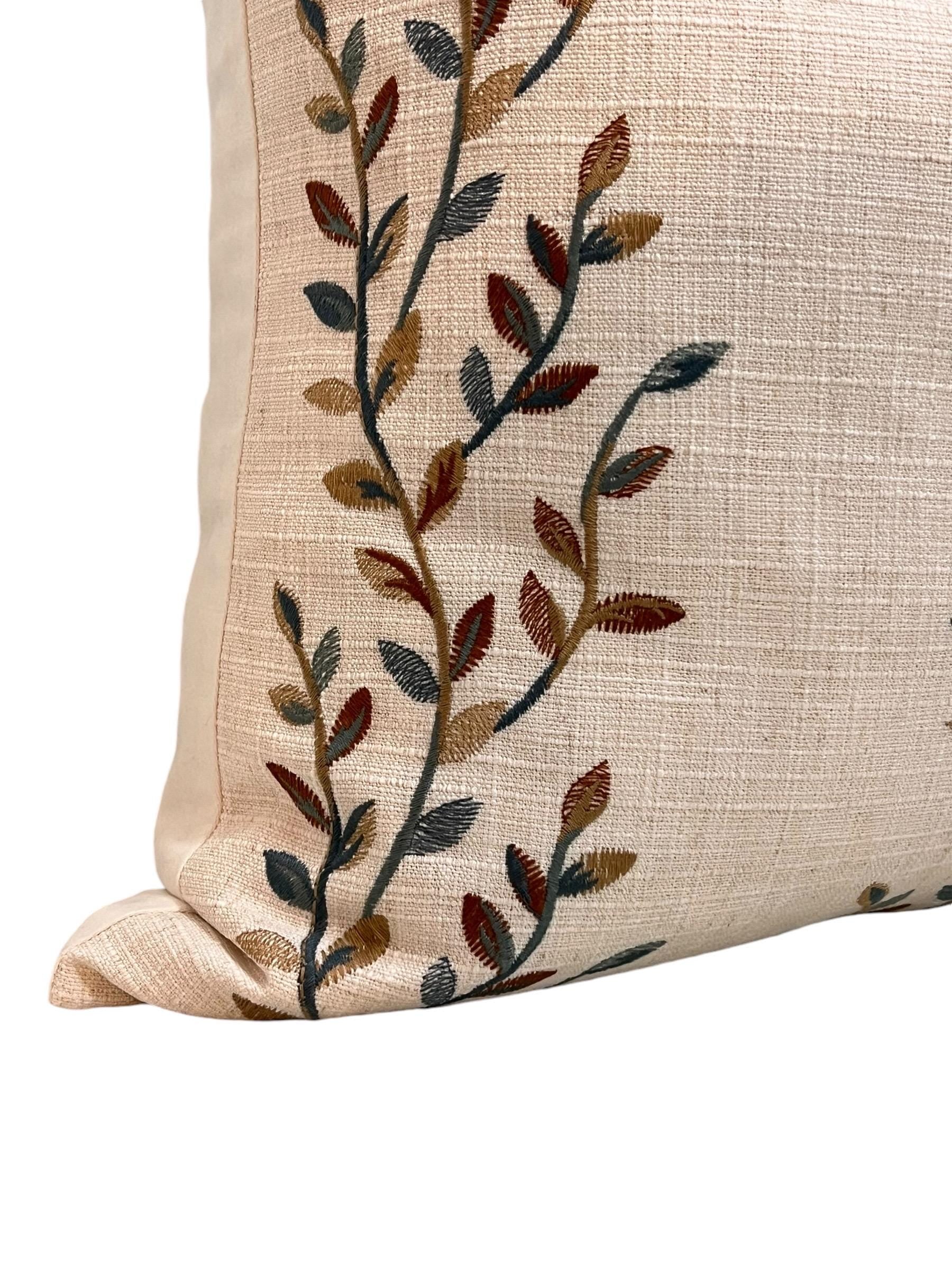 Botanical Embroidered Cushion Cover, Leaf Embroidery Linen Pillow Cover, Neutral Toned Pillow Cover,  Linen Decorative Pillow Cover