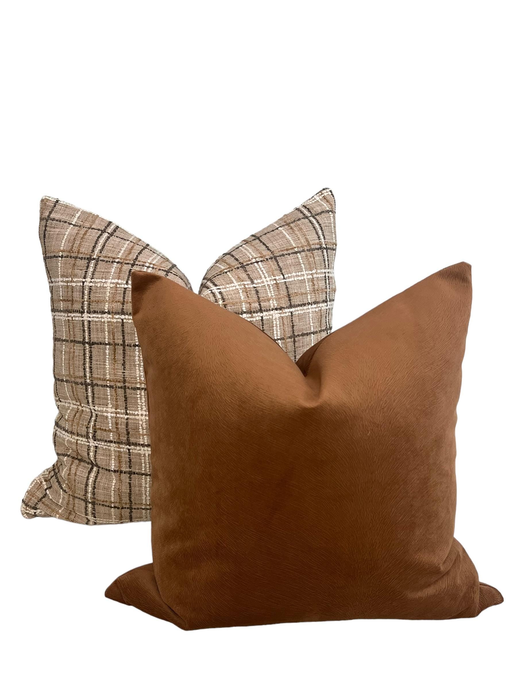 Decorative Throw Pillow Combo, Plaid and Solid Brown Pillow Set, Textured Plaid and Velvet Pillow Set Plaid Check and Solid Brown Pillow Set
