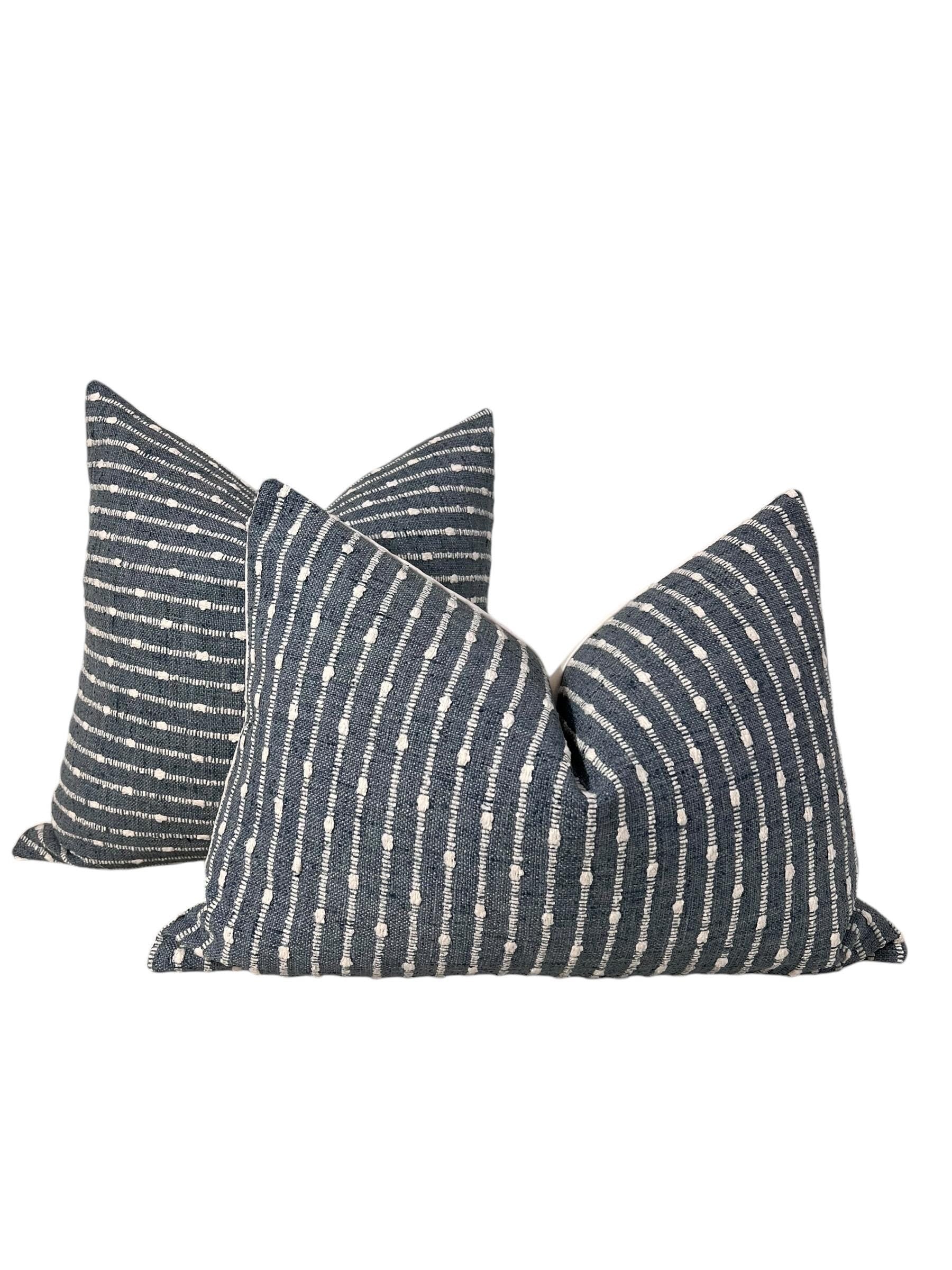 Blue Woven Striped Pillow Cover, Boho Dotted Cushion