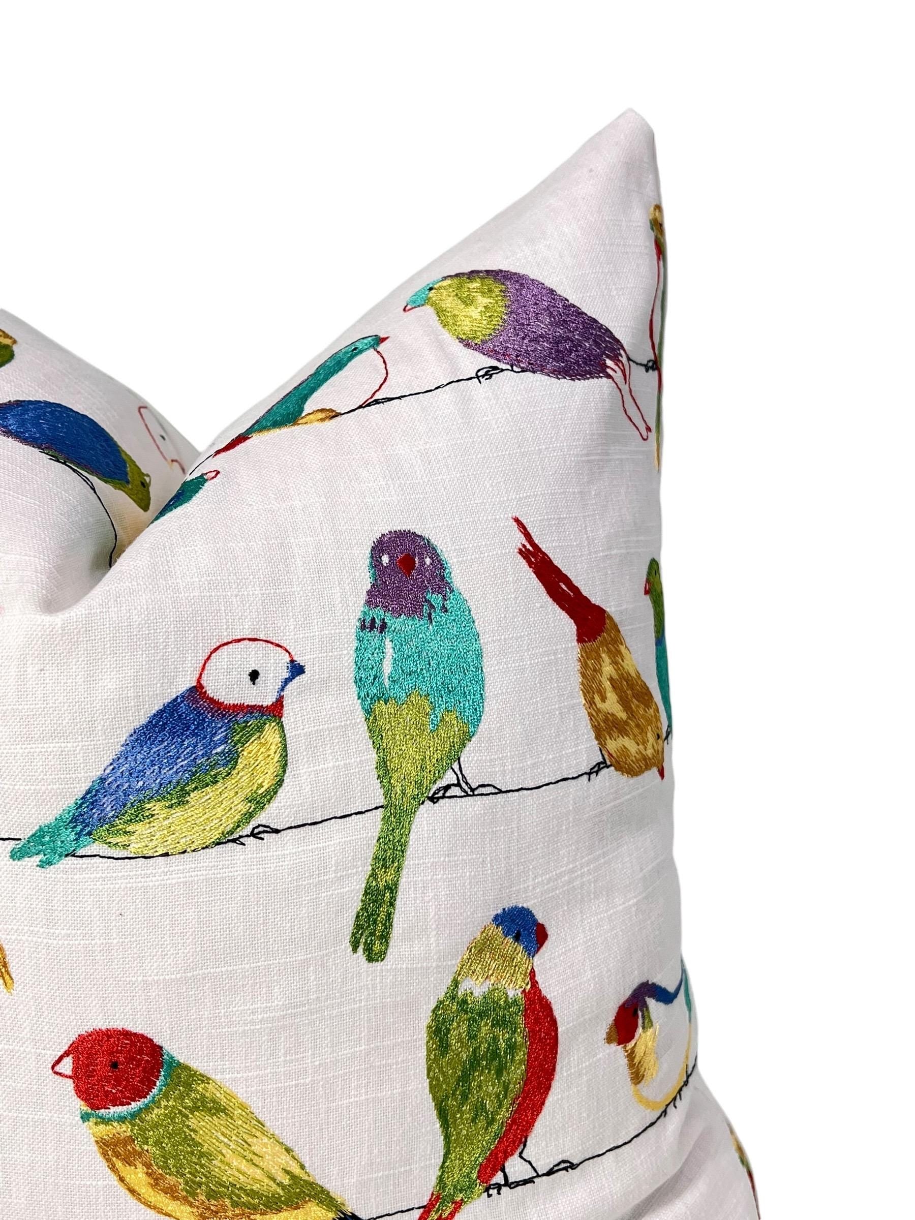 Embroidered Bird Pillow Cover, Handmade USA, Colorful Bird Cushion