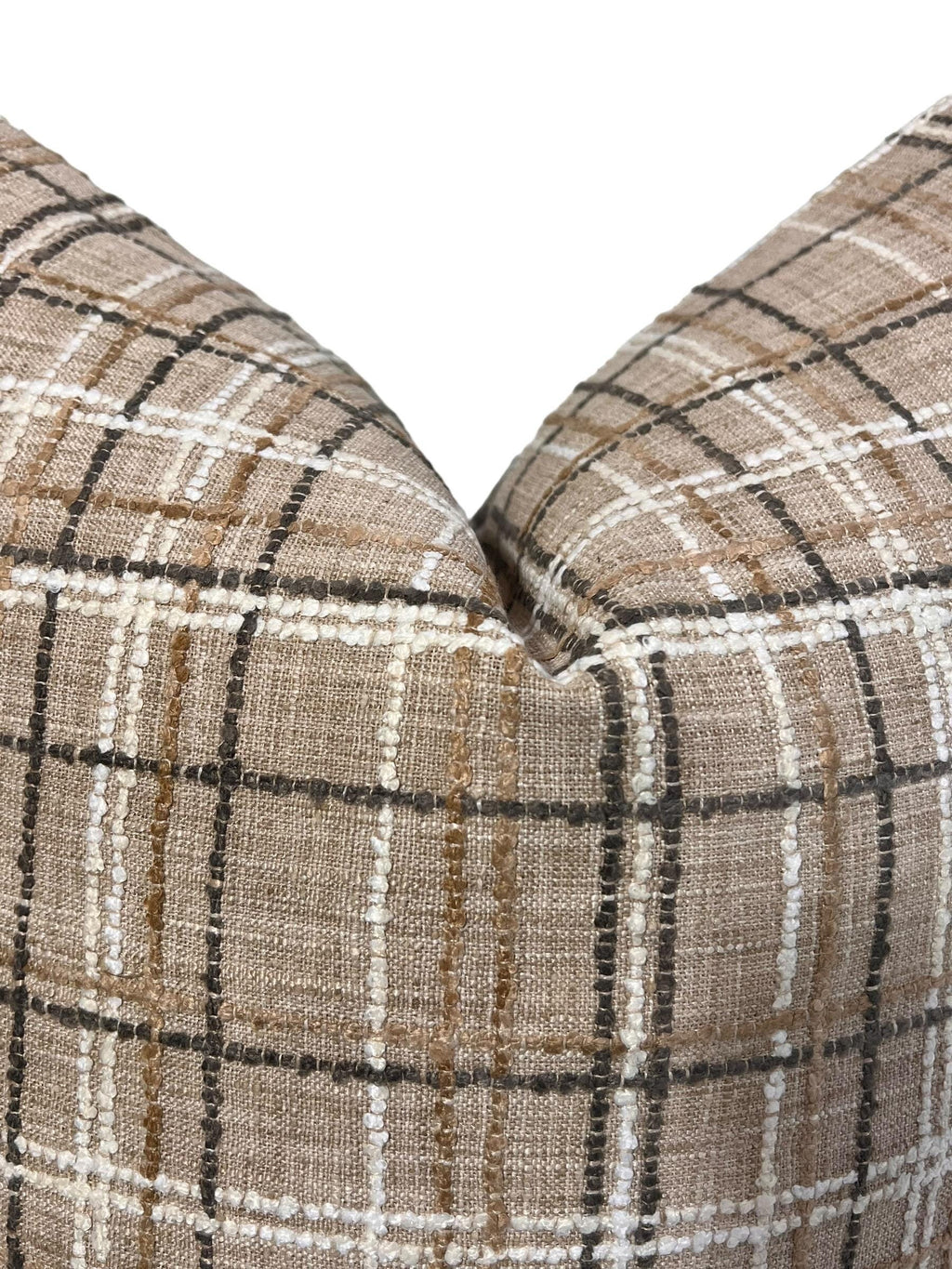 Decorative Throw Pillow Combo, Plaid and Solid Brown Pillow Set, Textured Plaid and Velvet Pillow Set Plaid Check and Solid Brown Pillow Set