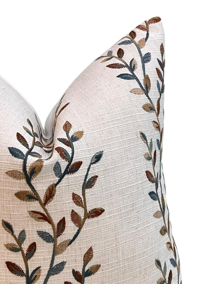 Botanical Embroidered Cushion Cover, Leaf Embroidery Linen Pillow Cover, Neutral Toned Pillow Cover,  Linen Decorative Pillow Cover
