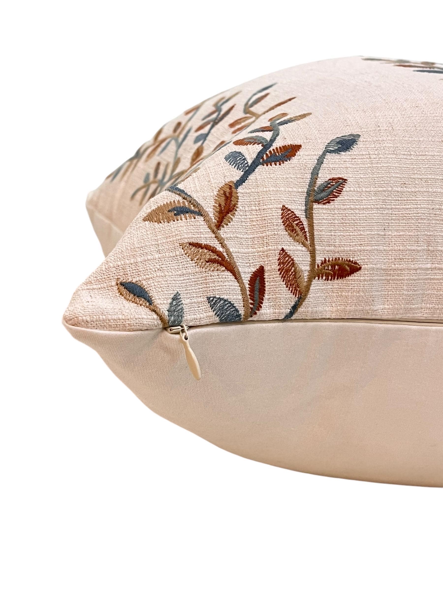 Botanical Embroidered Cushion Cover, Leaf Embroidery Linen Pillow Cover, Neutral Toned Pillow Cover,  Linen Decorative Pillow Cover