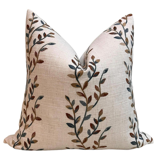 Botanical Embroidered Cushion Cover, Leaf Embroidery Linen Pillow Cover, Neutral Toned Pillow Cover,  Linen Decorative Pillow Cover